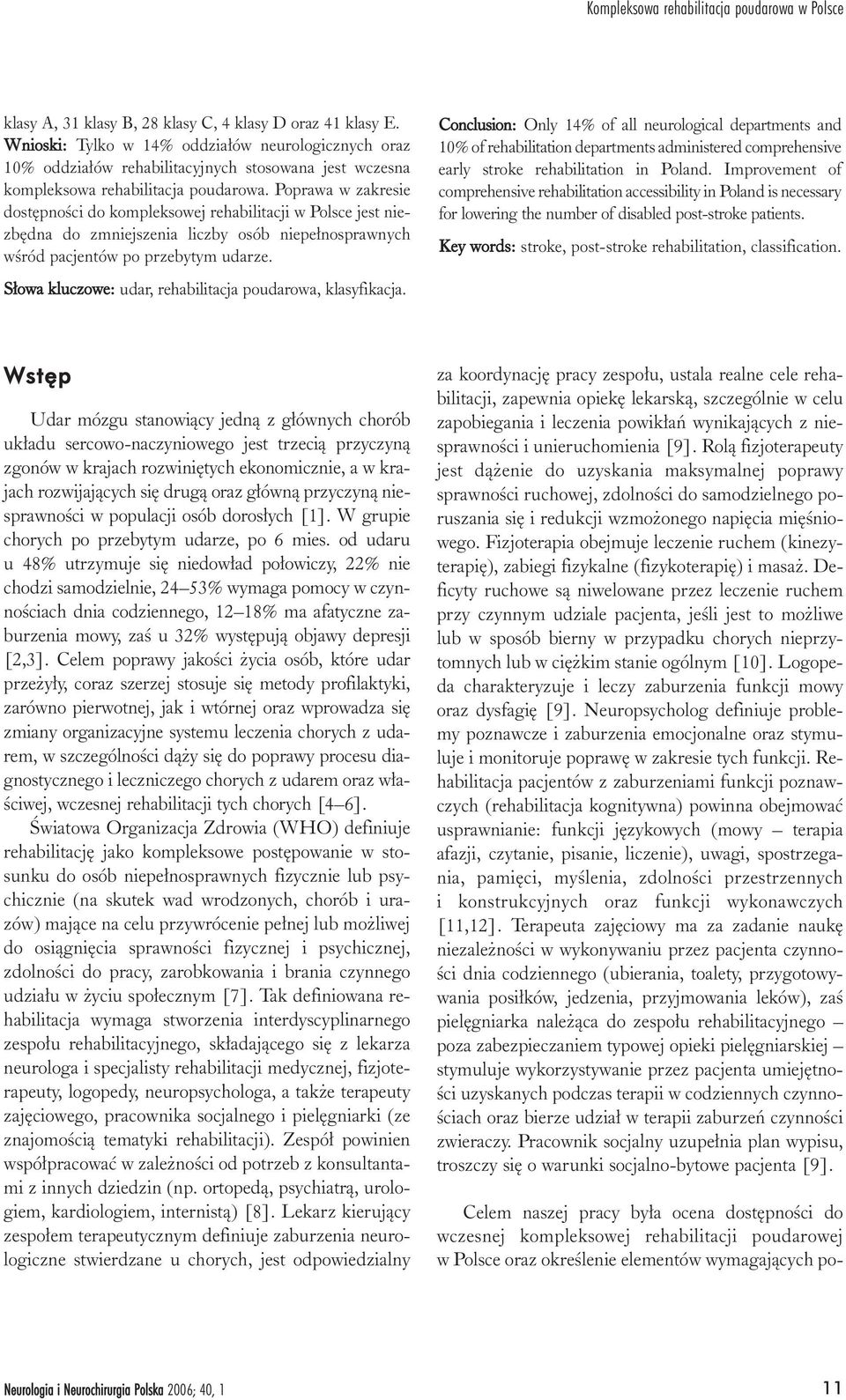 Poprawa w zakresie dostêpnoœci do kompleksowej rehabilitacji w Polsce jest niezbêdna do zmniejszenia liczby osób niepe³nosprawnych wœród pacjentów po przebytym udarze.