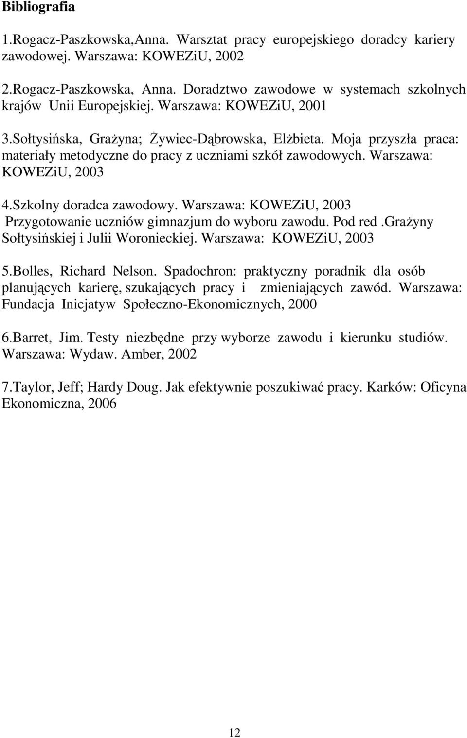 Moja przyszła praca: materiały metodyczne do pracy z uczniami szkół zawodowych. Warszawa: KOWEZiU, 2003 4.Szkolny doradca zawodowy.