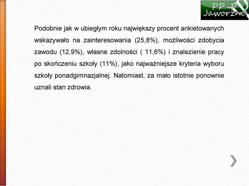 11,6%) i znalezienie pracy po skończeniu szkoły (11%), jako najważniejsze kryteria