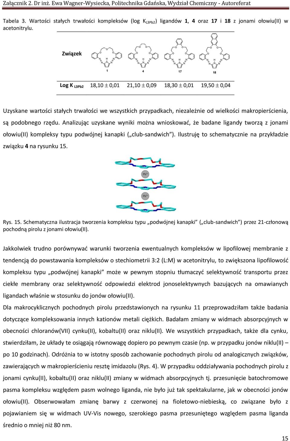 Związek 1 4 17 18 Log K L3Pb2 18,10 1 21,10 9 18,30 1 19,50 4 Uzyskane wartości stałych trwałości we wszystkich przypadkach, niezależnie od wielkości makropierścienia, są podobnego rzędu.