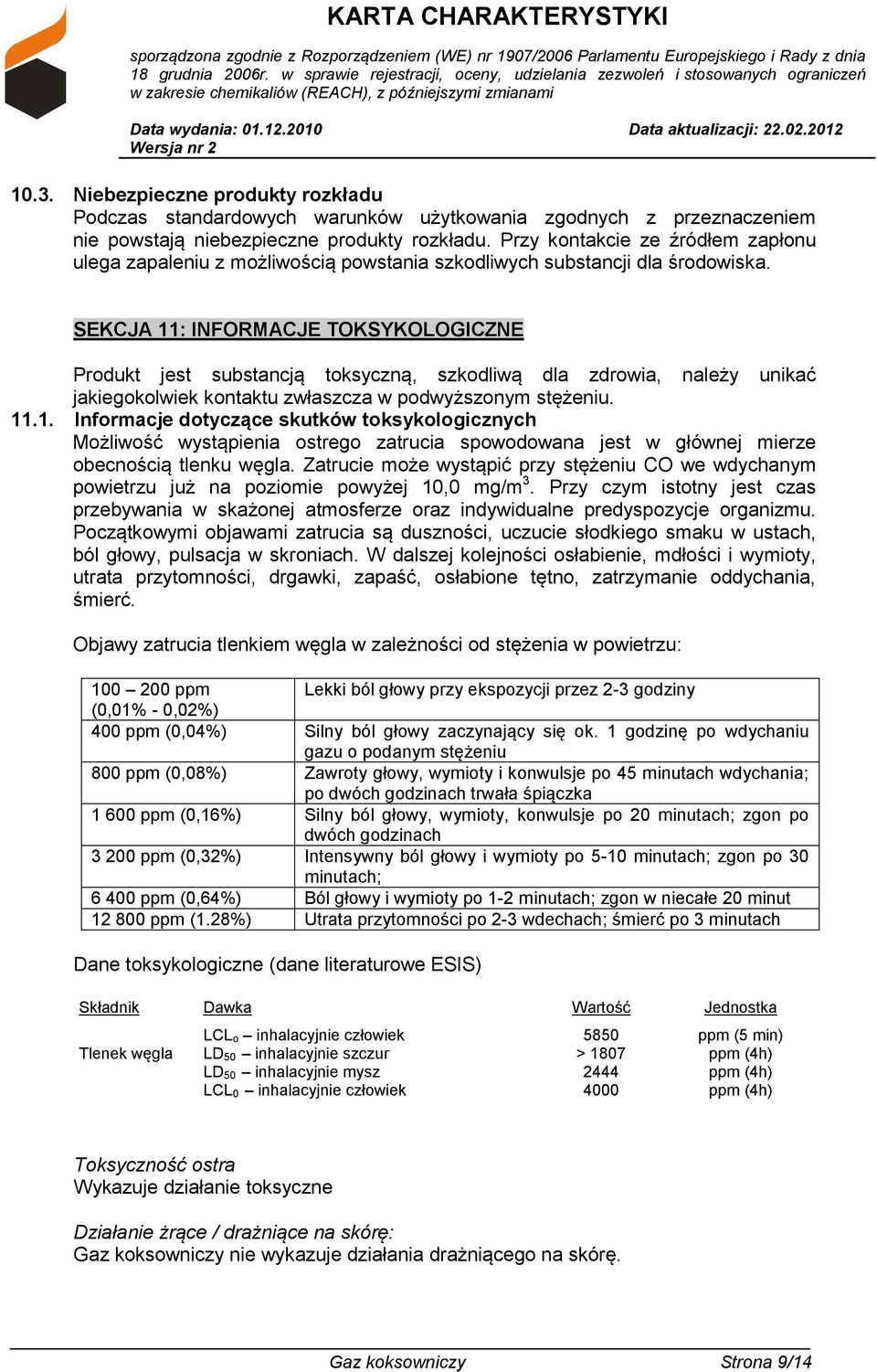 SEKCJA 11: INFORMACJE TOKSYKOLOGICZNE Produkt jest substancją toksyczną, szkodliwą dla zdrowia, należy unikać jakiegokolwiek kontaktu zwłaszcza w podwyższonym stężeniu. 11.1. Informacje dotyczące skutków toksykologicznych Możliwość wystąpienia ostrego zatrucia spowodowana jest w głównej mierze obecnością tlenku węgla.