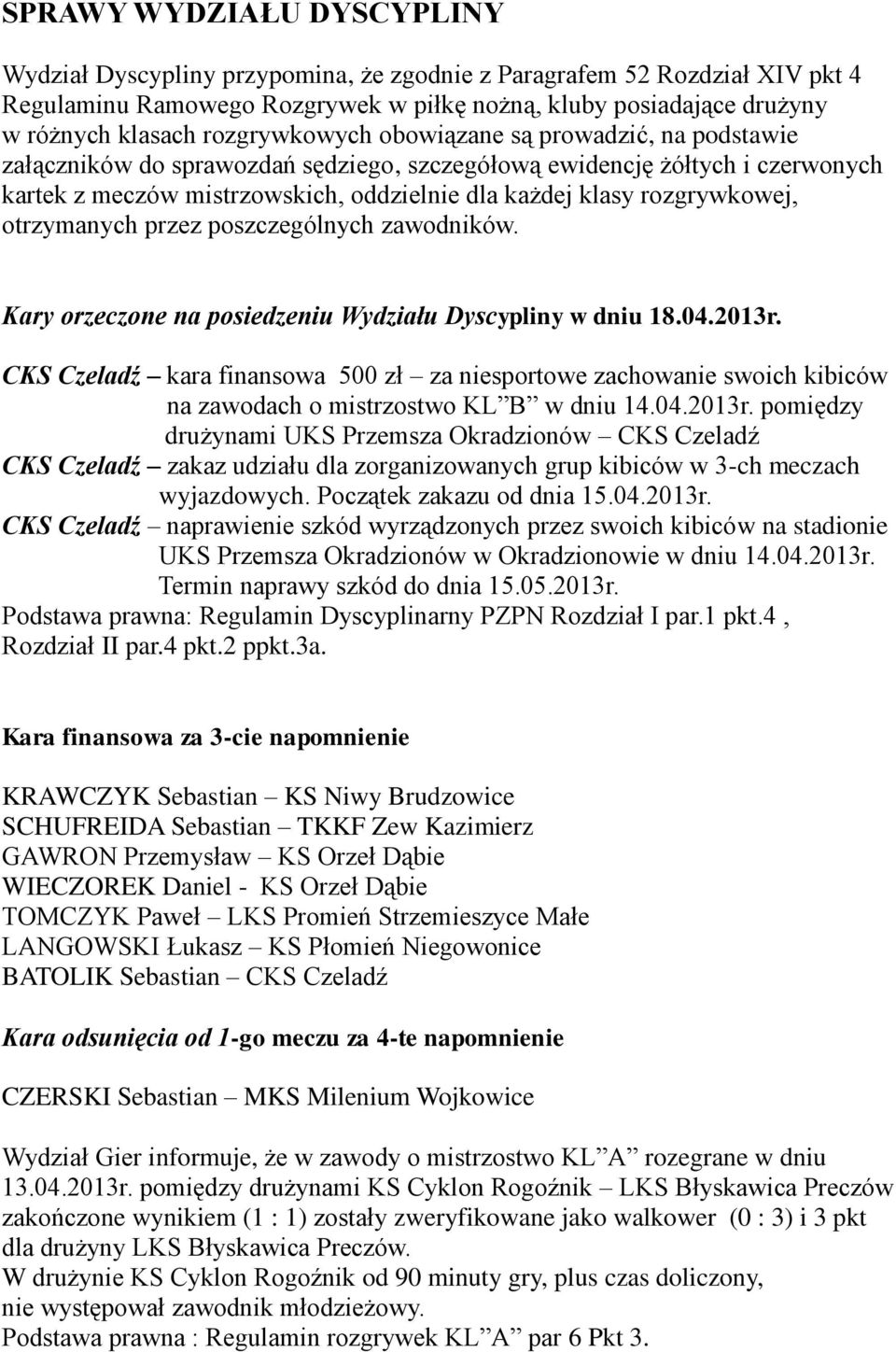 rozgrywkowej, otrzymanych przez poszczególnych zawodników. Kary orzeczone na posiedzeniu Wydziału Dyscypliny w dniu 18.04.2013r.