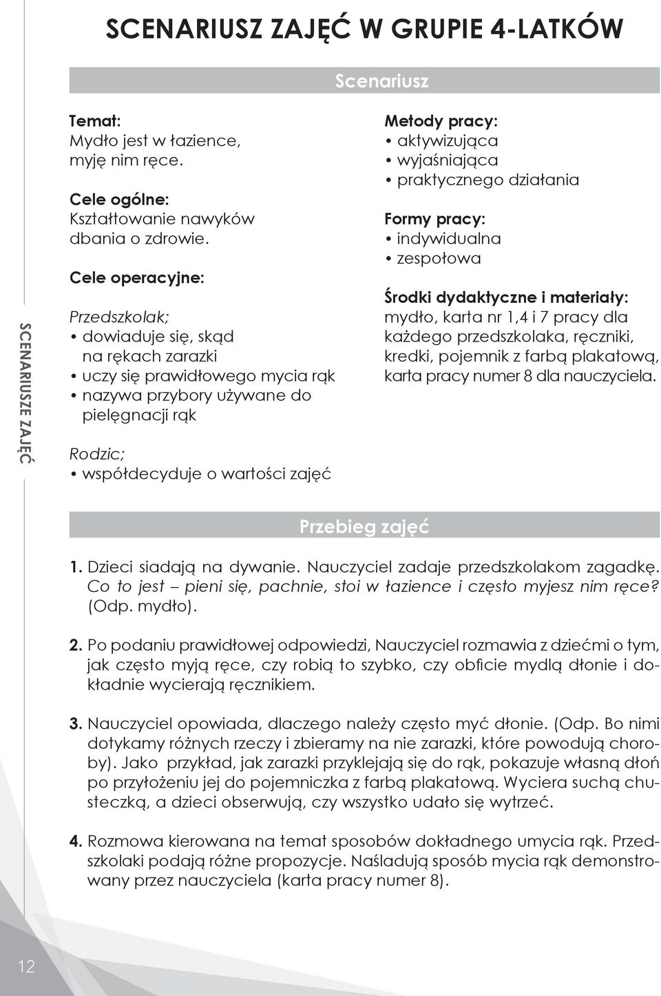 aktywizująca wyjaśniająca praktycznego działania Formy pracy: indywidualna zespołowa Środki dydaktyczne i materiały: mydło, karta nr 1,4 i 7 pracy dla każdego przedszkolaka, ręczniki, kredki,