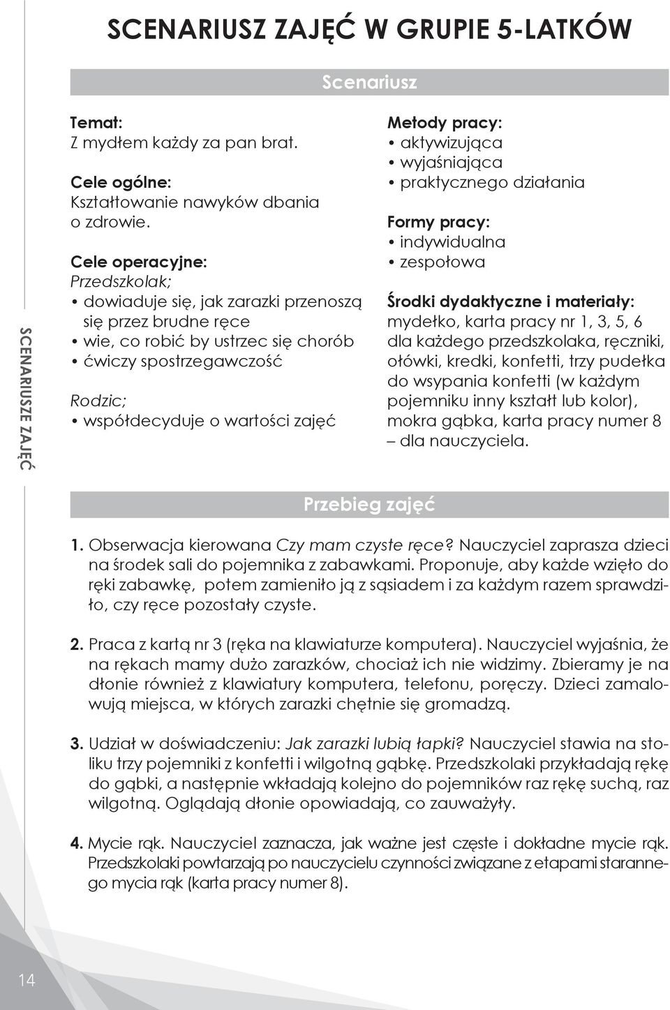 pracy: aktywizująca wyjaśniająca praktycznego działania Formy pracy: indywidualna zespołowa Środki dydaktyczne i materiały: mydełko, karta pracy nr 1, 3, 5, 6 dla każdego przedszkolaka, ręczniki,