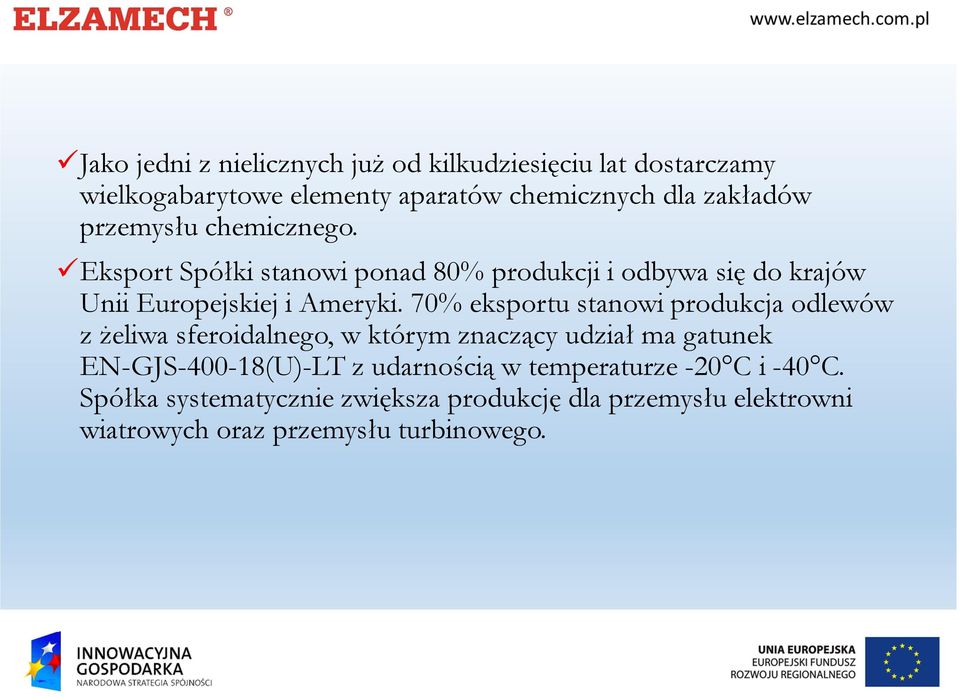 70% eksportu stanowi produkcja odlewów z żeliwa sferoidalnego, w którym znaczący udział ma gatunek EN-GJS-400-18(U)-LT z