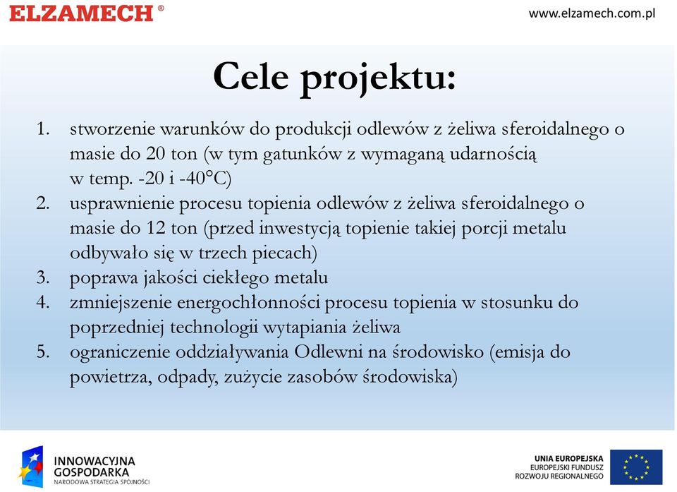 usprawnienie procesu topienia odlewów z żeliwa sferoidalnego o masie do 12 ton (przed inwestycją topienie takiej porcji metalu odbywało się w