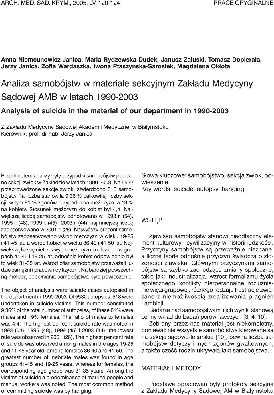 Analiza samobójstw w materiale sekcyjnym Zakładu Medycyny Sądowej AMB w latach 1990-2003 Analysis of suicide in the material of our department in 1990-2003 Z Zakładu Medycyny Sądowej Akademii