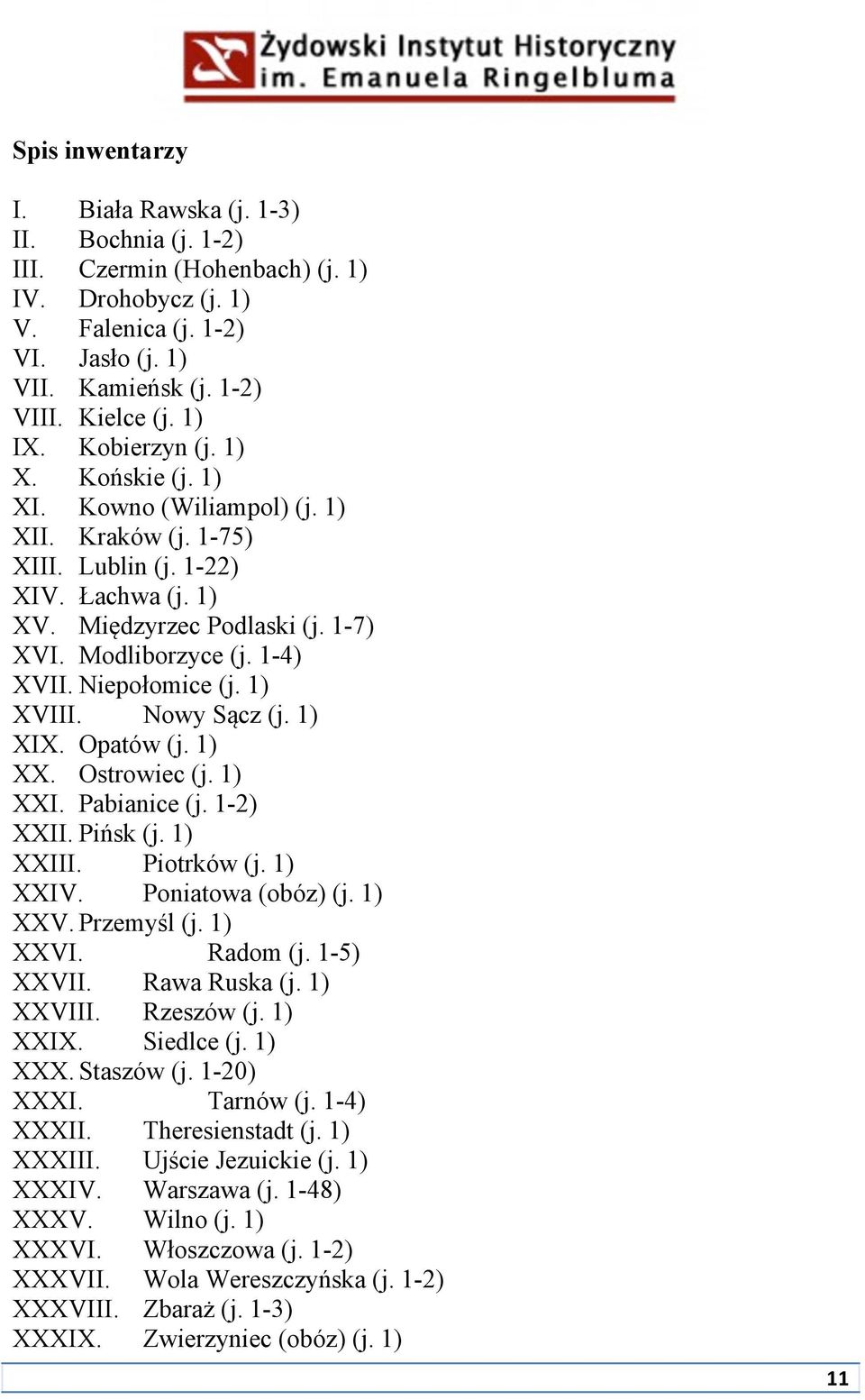 Niepołomice (j. 1) XVIII. Nowy Sącz (j. 1) XIX. Opatów (j. 1) XX. Ostrowiec (j. 1) XXI. Pabianice (j. 1-2) XXII. Pińsk (j. 1) XXIII. Piotrków (j. 1) XXIV. Poniatowa (obóz) (j. 1) XXV. Przemyśl (j.