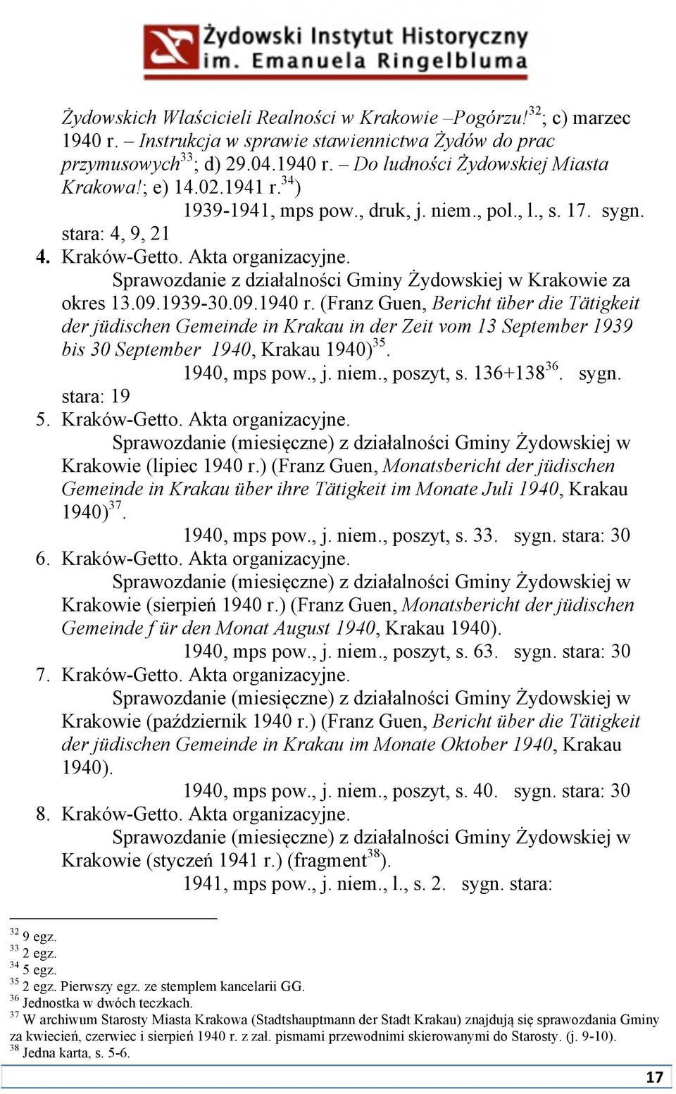 Sprawozdanie z działalności Gminy Żydowskiej w Krakowie za okres 13.09.1939-30.09.1940 r.