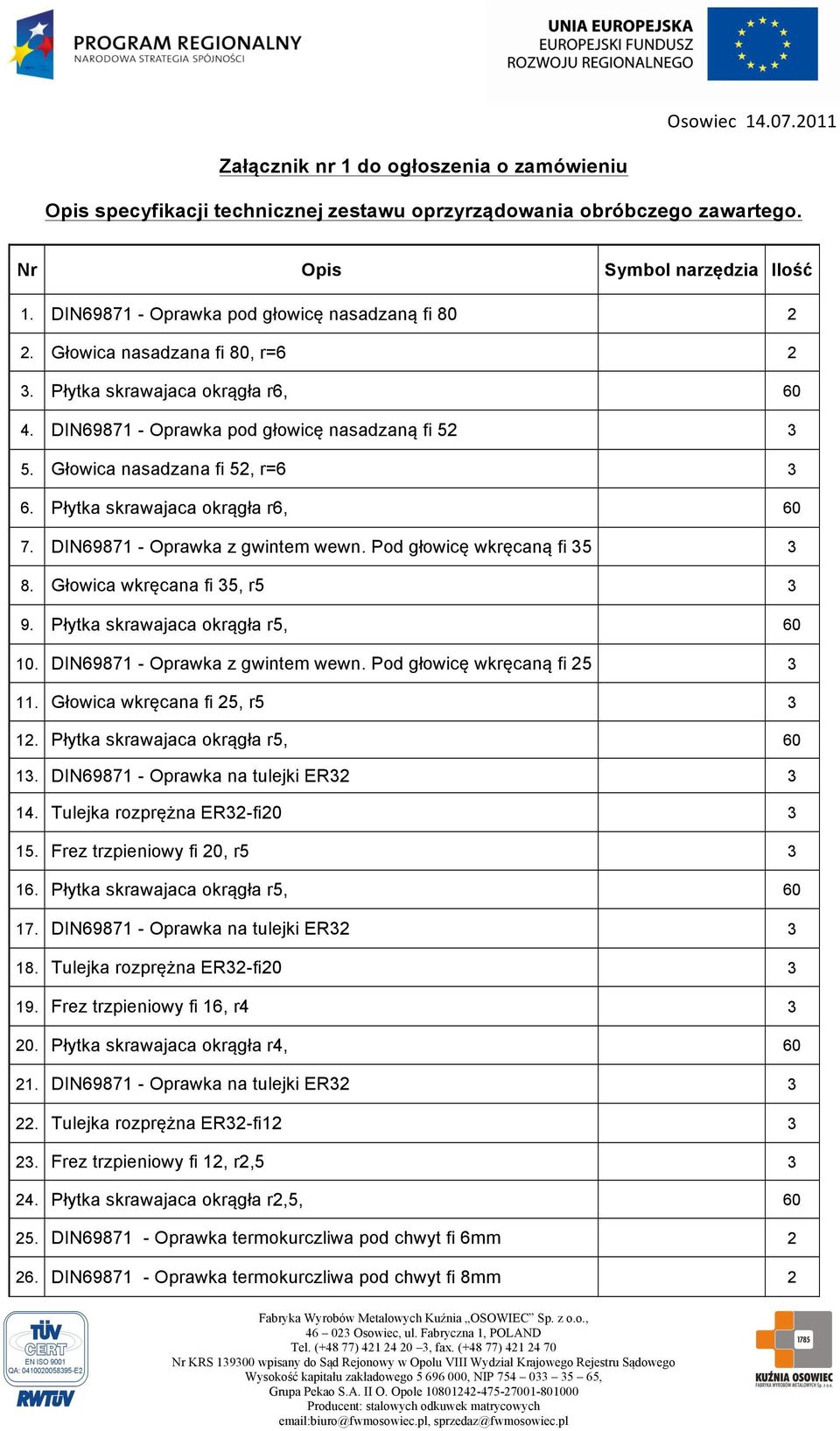 Głowica nasadzana fi 52, r=6 3 6. Płytka skrawajaca okrągła r6, 60 7. DIN69871 - Oprawka z gwintem wewn. Pod głowicę wkręcaną fi 35 3 8. Głowica wkręcana fi 35, r5 3 9.