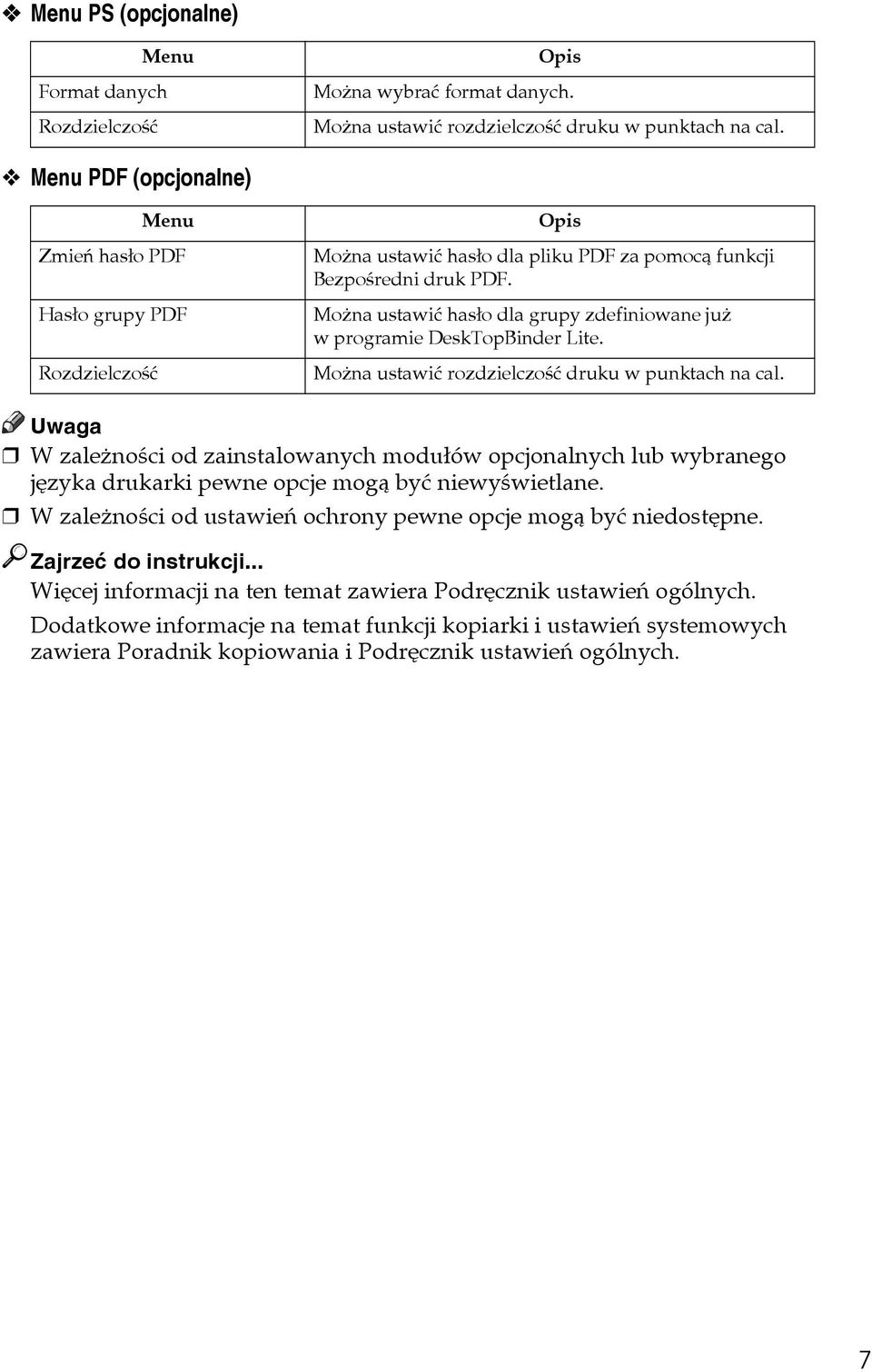 Moåna ustawiæ hasâo dla grupy zdefiniowane juå w programie DeskTopBinder Lite. Moåna ustawiæ rozdzielczoãæ druku w punktach na cal.