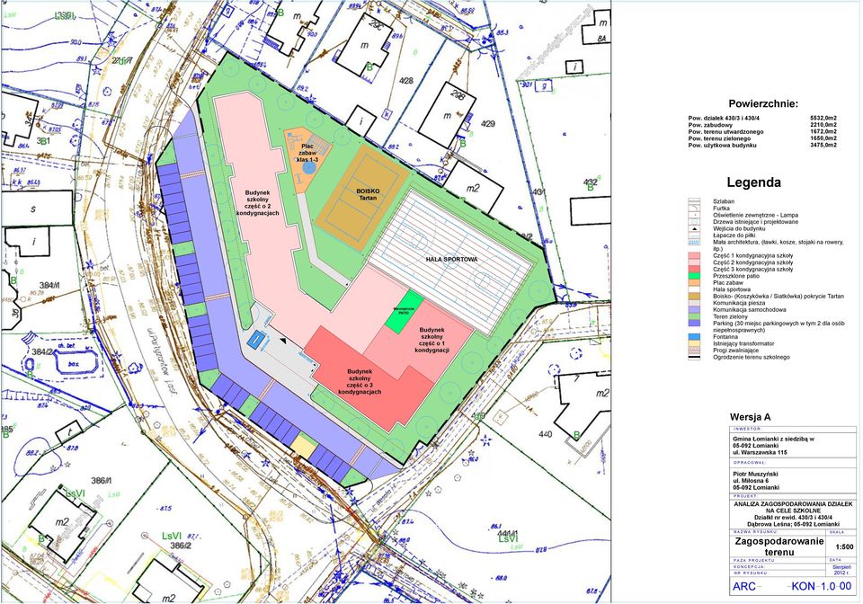 Oświetlenie zewnętrzne - Lampa Drzewa istniejące i projektowane Wejścia do budynku Łapacze do piłki Mała architektura, (ławki, kosze, stojaki na rowery, itp.