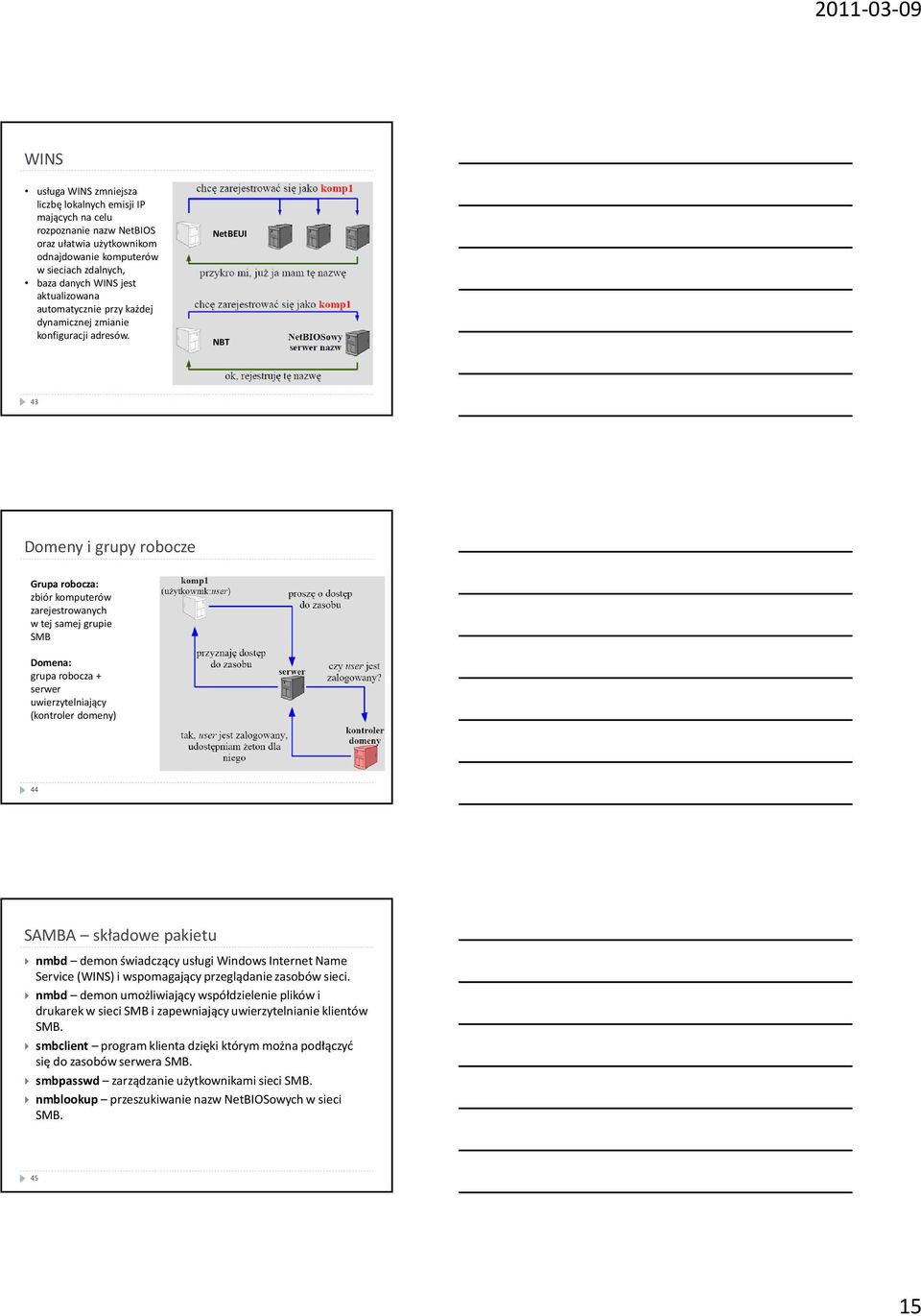 NetBEUI NBT 43 Domeny i grupy robocze Grupa robocza: zbiór komputerów zarejestrowanych w tej samej grupie SMB Domena: grupa robocza + serwer uwierzytelniający (kontroler domeny) 44 SAMBA składowe
