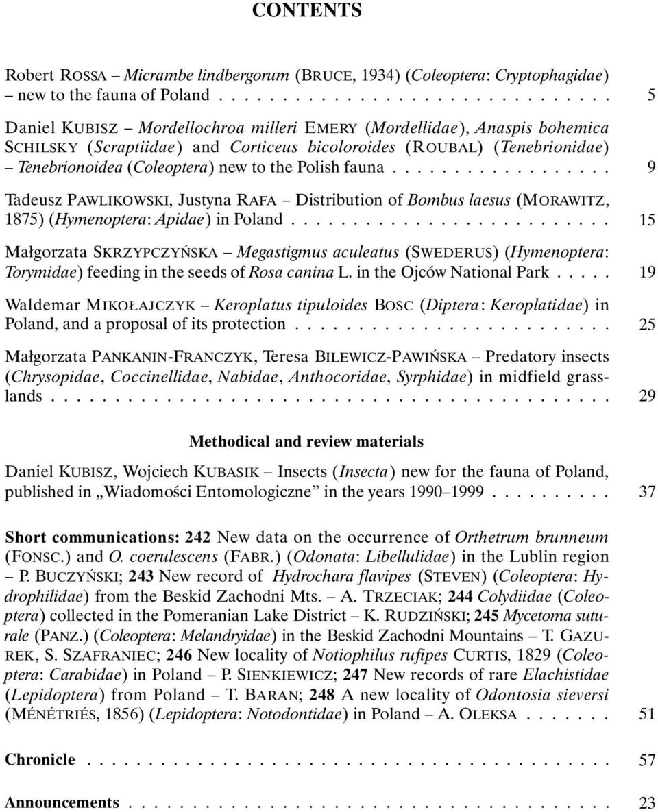 (Coleoptera) new to the Polish fauna.................. Tadeusz PAWLIKOWSKI, Justyna RAFA Distribution of Bombus laesus (MORAWITZ, 1875) (Hymenoptera: Apidae) in Poland.