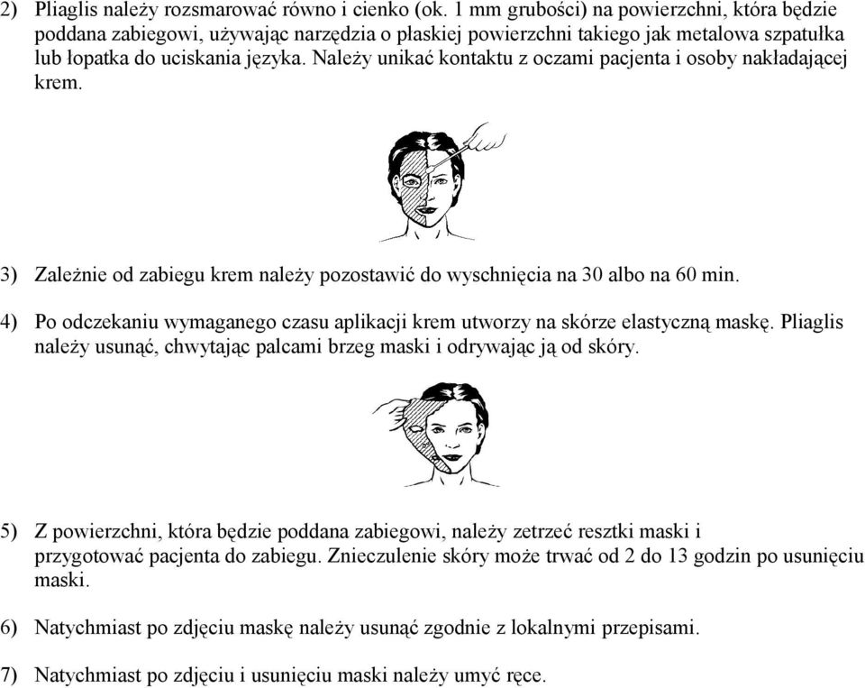 Należy unikać kontaktu z oczami pacjenta i osoby nakładającej krem. 3) Zależnie od zabiegu krem należy pozostawić do wyschnięcia na 30 albo na 60 min.