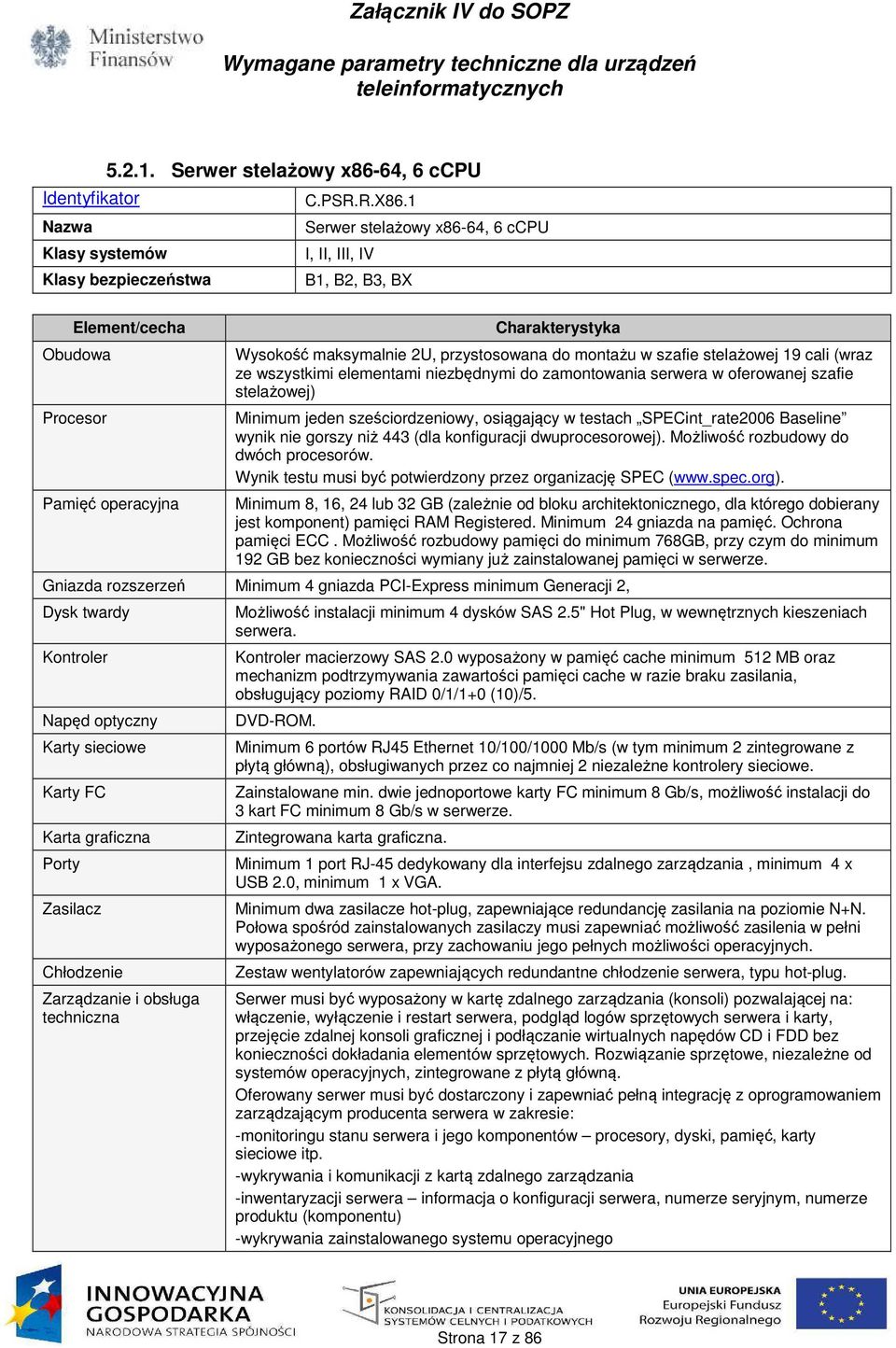 zamontowania serwera w oferowanej szafie stelażowej) Minimum jeden sześciordzeniowy, osiągający w testach SPECint_rate2006 Baseline wynik nie gorszy niż 443 (dla konfiguracji dwuprocesorowej).