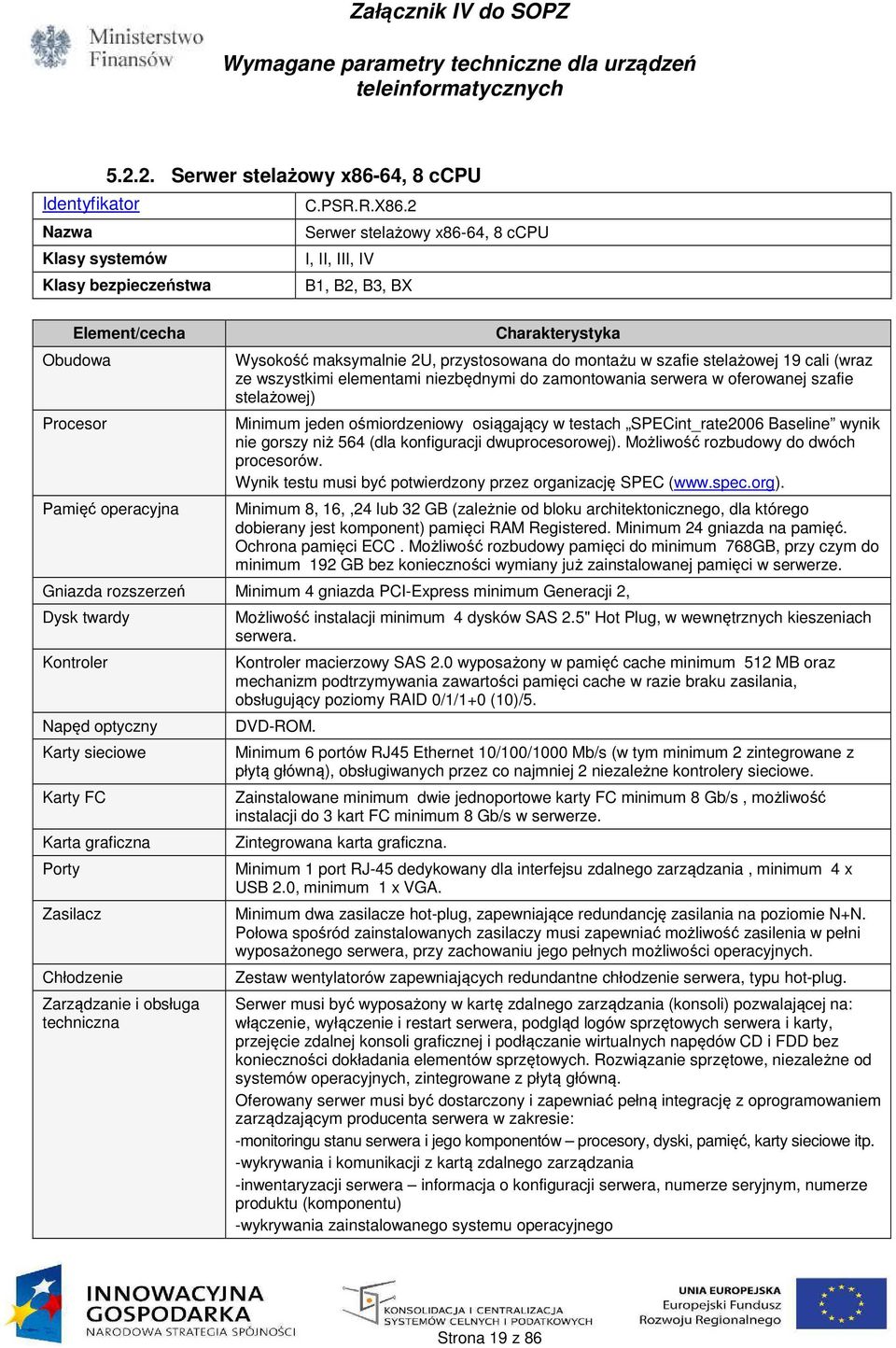 zamontowania serwera w oferowanej szafie stelażowej) Minimum jeden ośmiordzeniowy osiągający w testach SPECint_rate2006 Baseline wynik nie gorszy niż 564 (dla konfiguracji dwuprocesorowej).