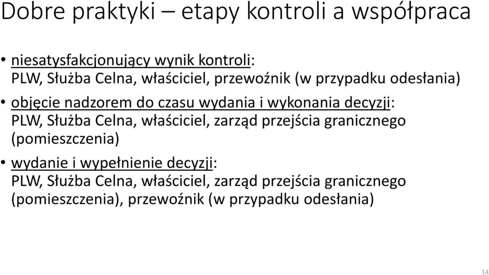 PLW, Służba Celna, właściciel, zarząd przejścia granicznego (pomieszczenia) wydanie i wypełnienie