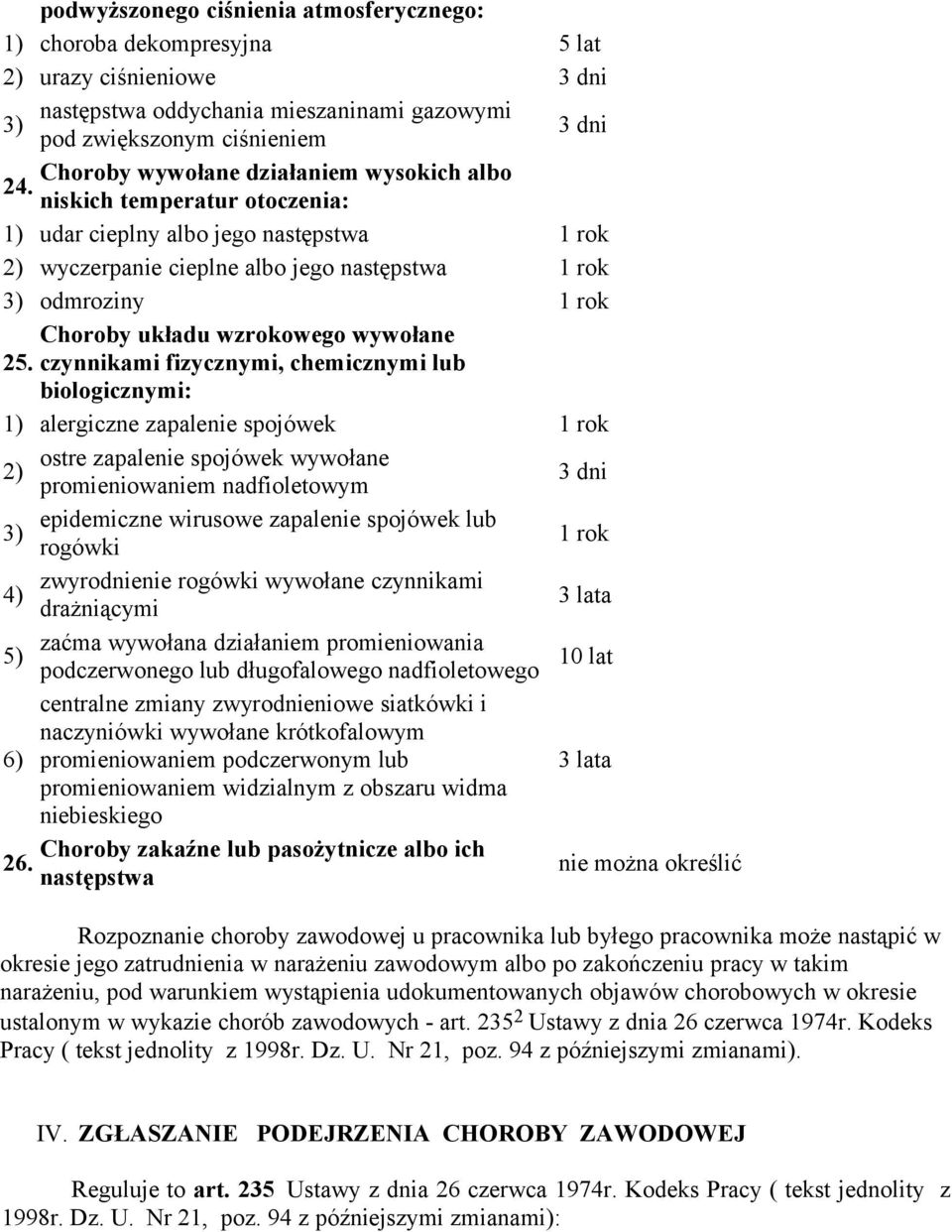 niskich temperatur otoczenia: 1) udar cieplny albo jego następstwa 1 rok 2) wyczerpanie cieplne albo jego następstwa 1 rok 3) odmroziny 1 rok Choroby układu wzrokowego wywołane 25.