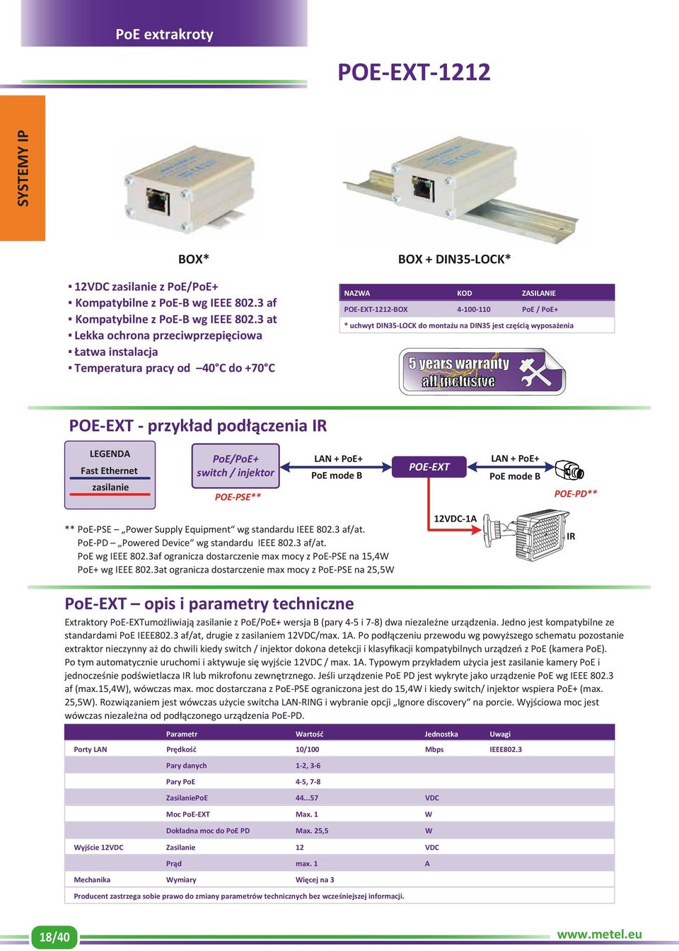 wyposażenia POE-EXT - przykład podłączenia IR Fast Ethernet zasilanie PoE/PoE+ switch / injektor POE-PSE** LAN + PoE+ PoE mode B POE-EXT LAN + PoE+ PoE mode B POE-PD** ** PoE-PSE Power Supply