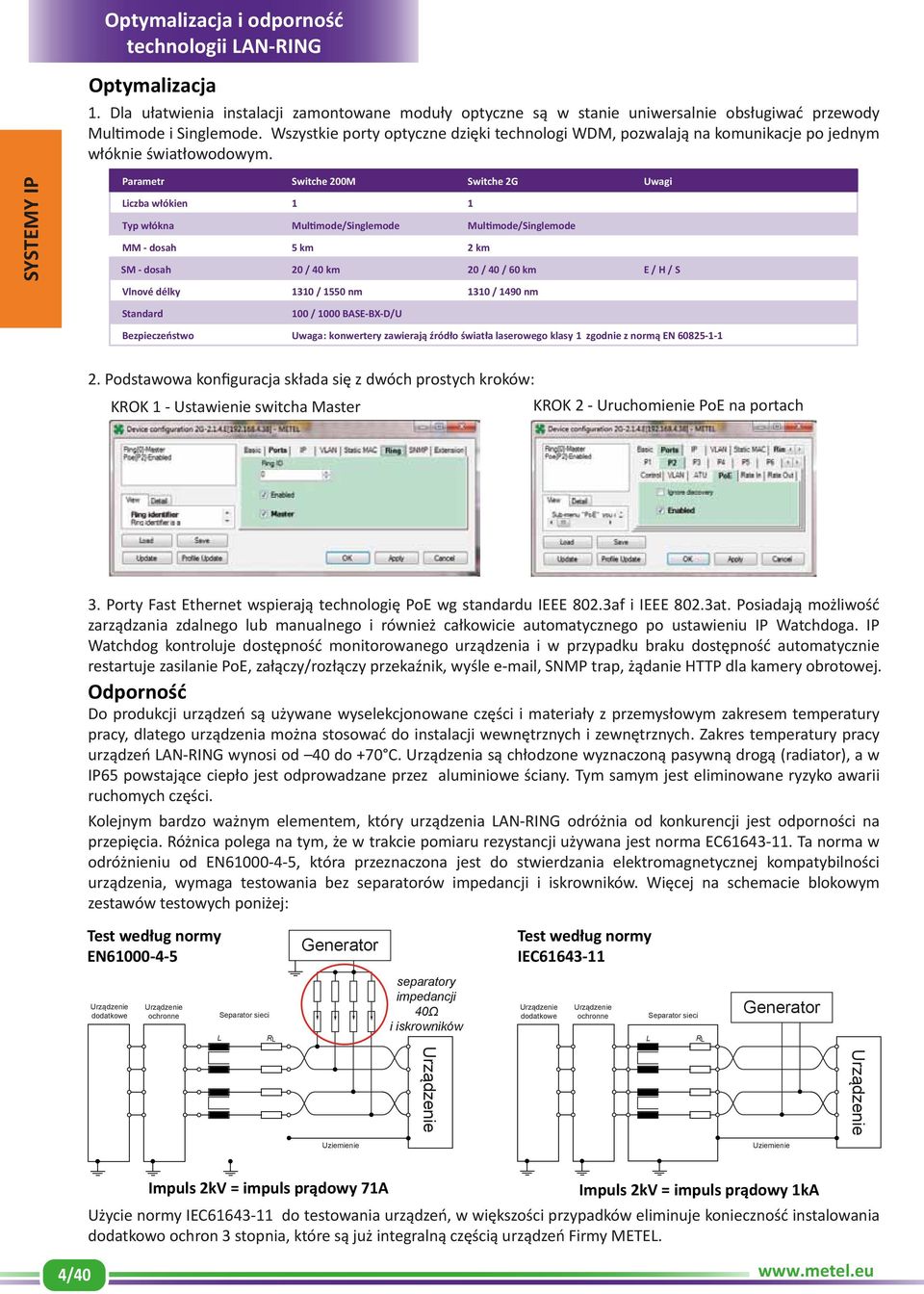 SYSTEMY IP Parametr Switche 200M Switche 2G Uwagi Liczba włókien 1 1 Typ włókna Multimode/Singlemode MM - dosah 5 km 2 km Multimode/Singlemode SM - dosah 20 / 40 km 20 / 40 / 60 km E / H / S Vlnové