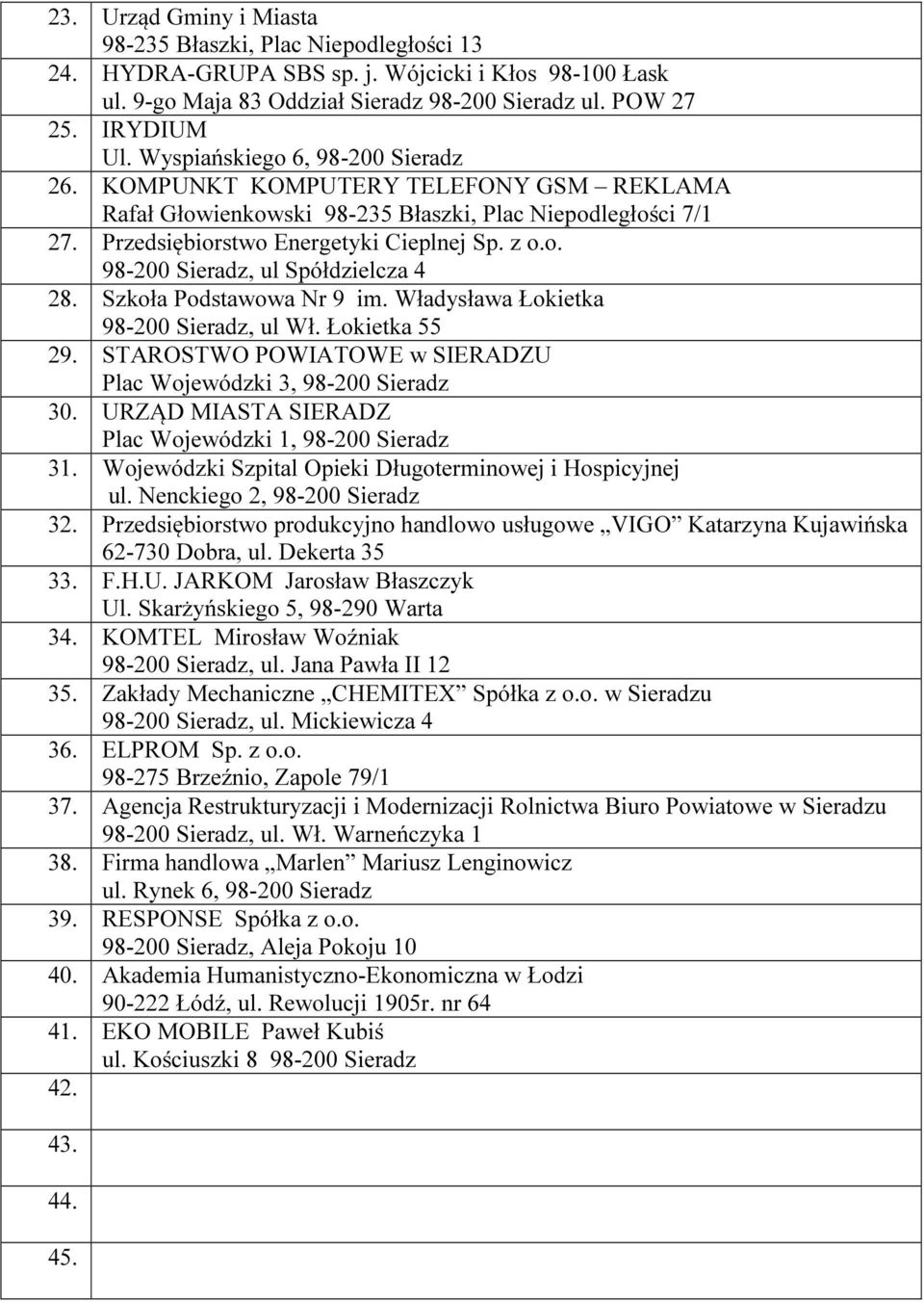 Szkoła Podstawowa Nr 9 im. Władysława Łokietka 98-200 Sieradz, ul Wł. Łokietka 55 29. STAROSTWO POWIATOWE w SIERADZU Plac Wojewódzki 3, 98-200 Sieradz 30.