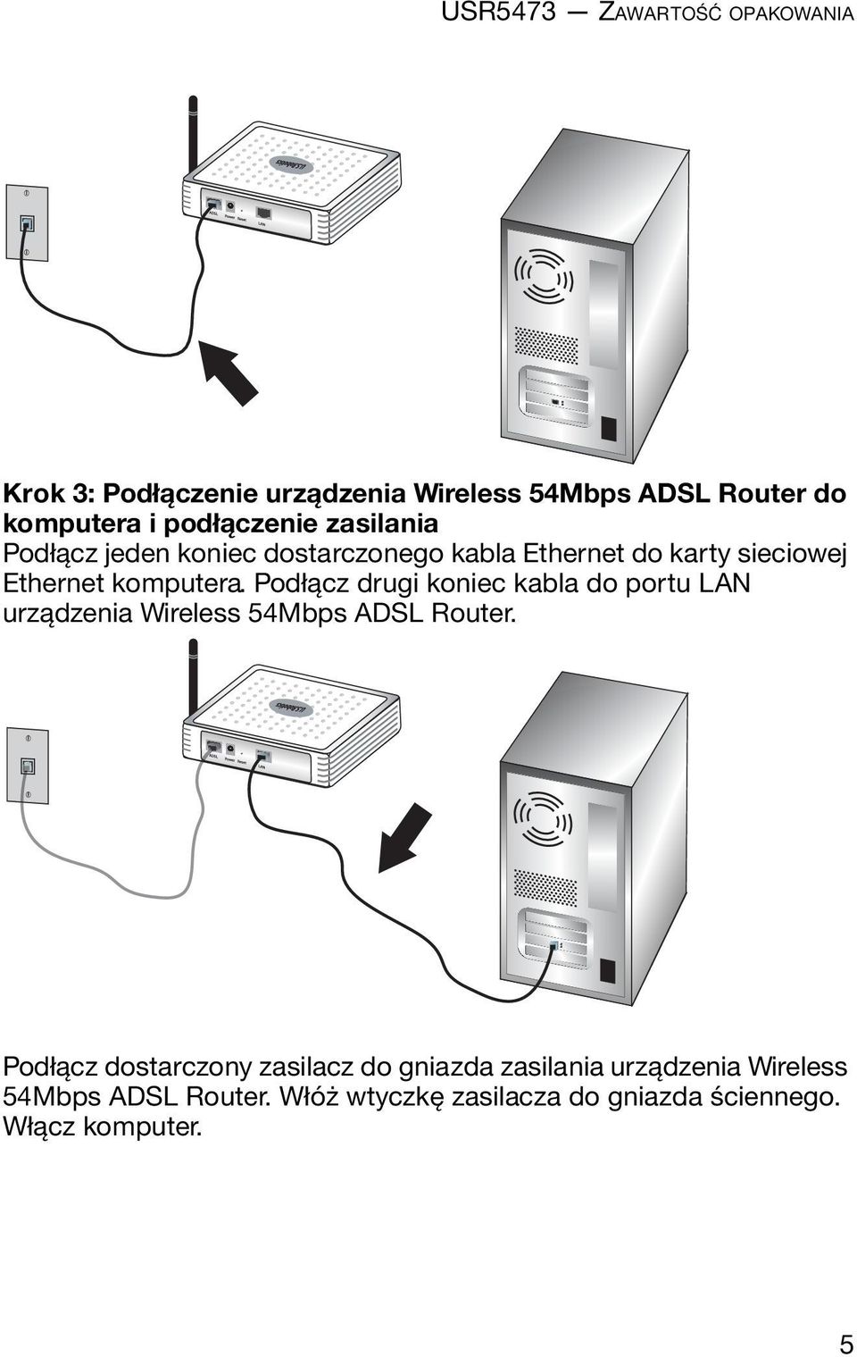 Podłącz drugi koniec kabla do portu LAN urządzenia Wireless 54Mbps ADSL Router.