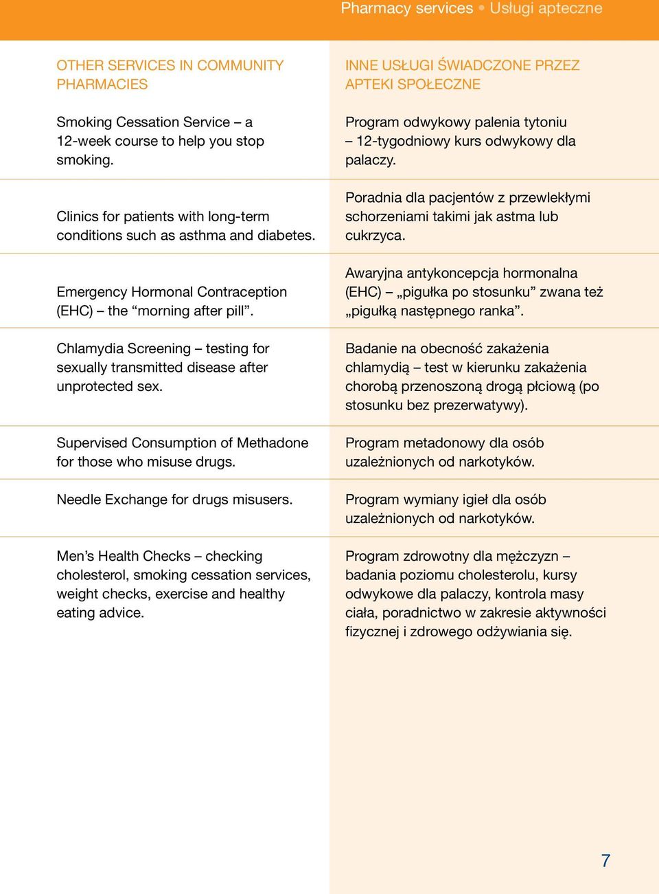 Chlamydia Screening testing for sexually transmitted disease after unprotected sex. Supervised Consumption of Methadone for those who misuse drugs. Needle Exchange for drugs misusers.