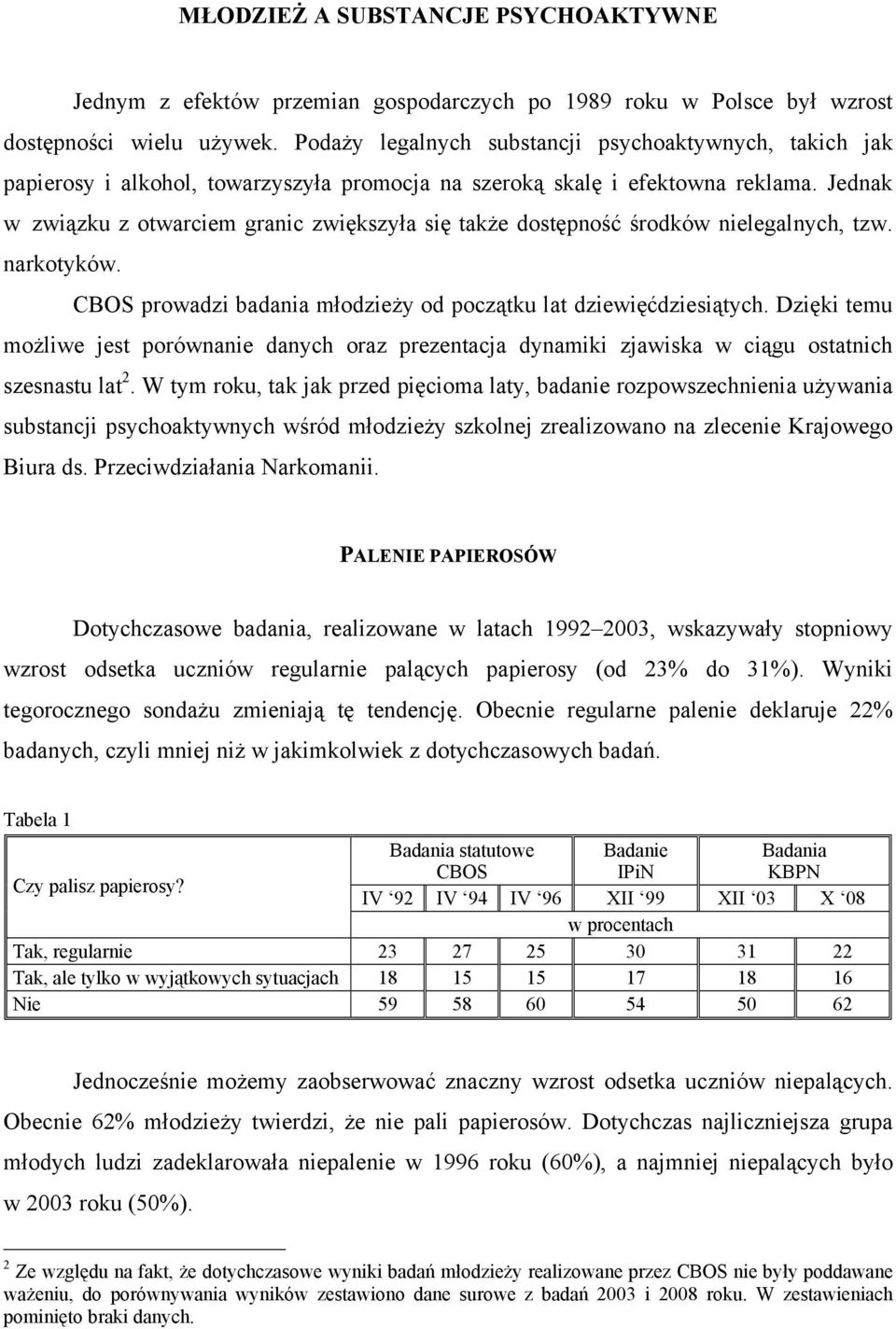 Jednak w związku z otwarciem granic zwiększyła się także dostępność środków nielegalnych, tzw. narkotyków. CBOS prowadzi badania młodzieży od początku lat dziewięćdziesiątych.