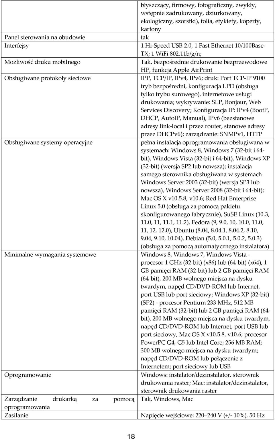 11b/g/n; Możliwość druku mobilnego Tak, bezpośrednie drukowanie bezprzewodowe HP, funkcja Apple AirPrint Obsługiwane protokoły sieciowe IPP, TCP/IP, IPv4, IPv6; druk: Port TCP-IP 9100 tryb