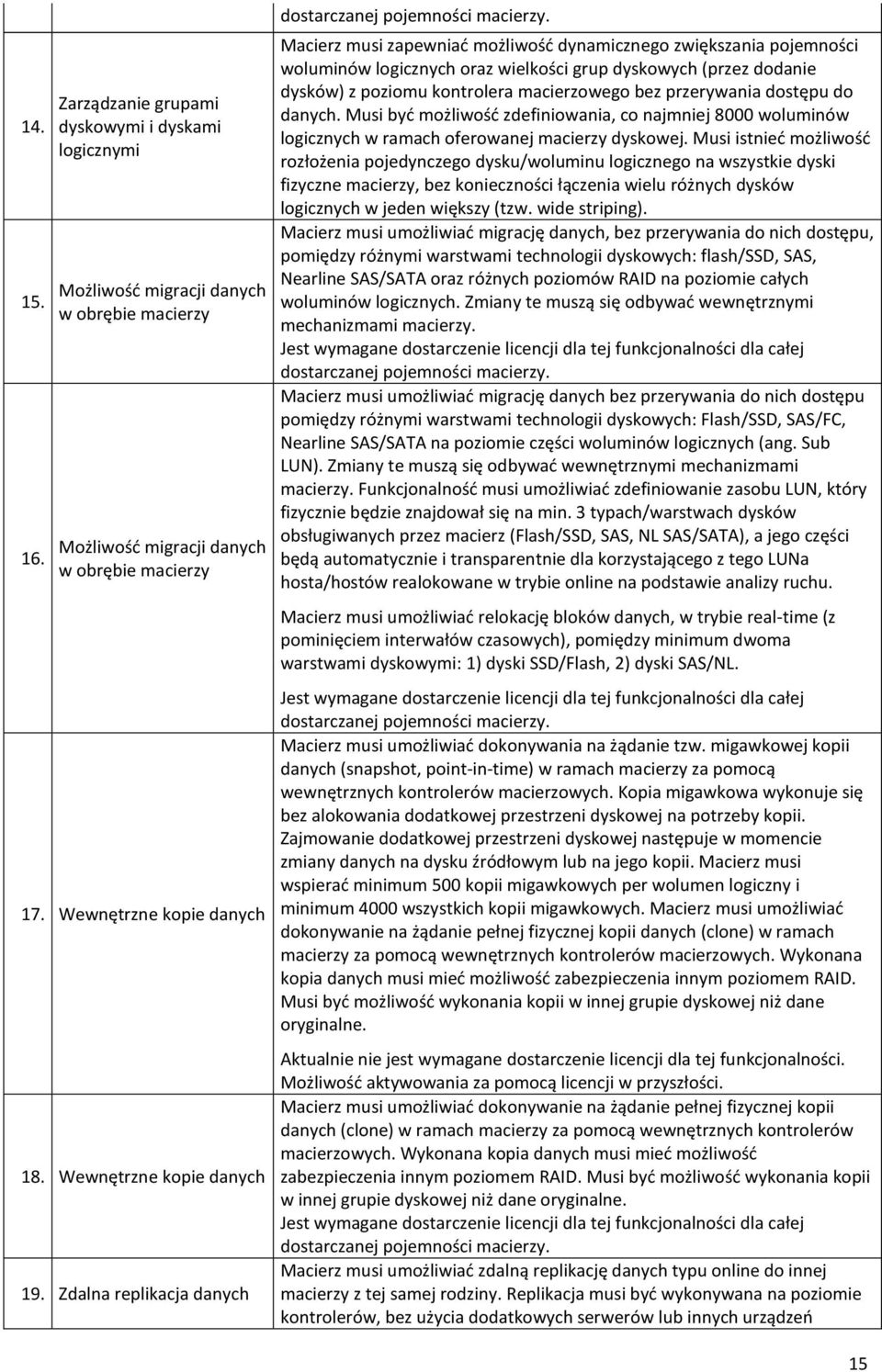 Macierz musi zapewniać możliwość dynamicznego zwiększania pojemności woluminów logicznych oraz wielkości grup dyskowych (przez dodanie dysków) z poziomu kontrolera macierzowego bez przerywania