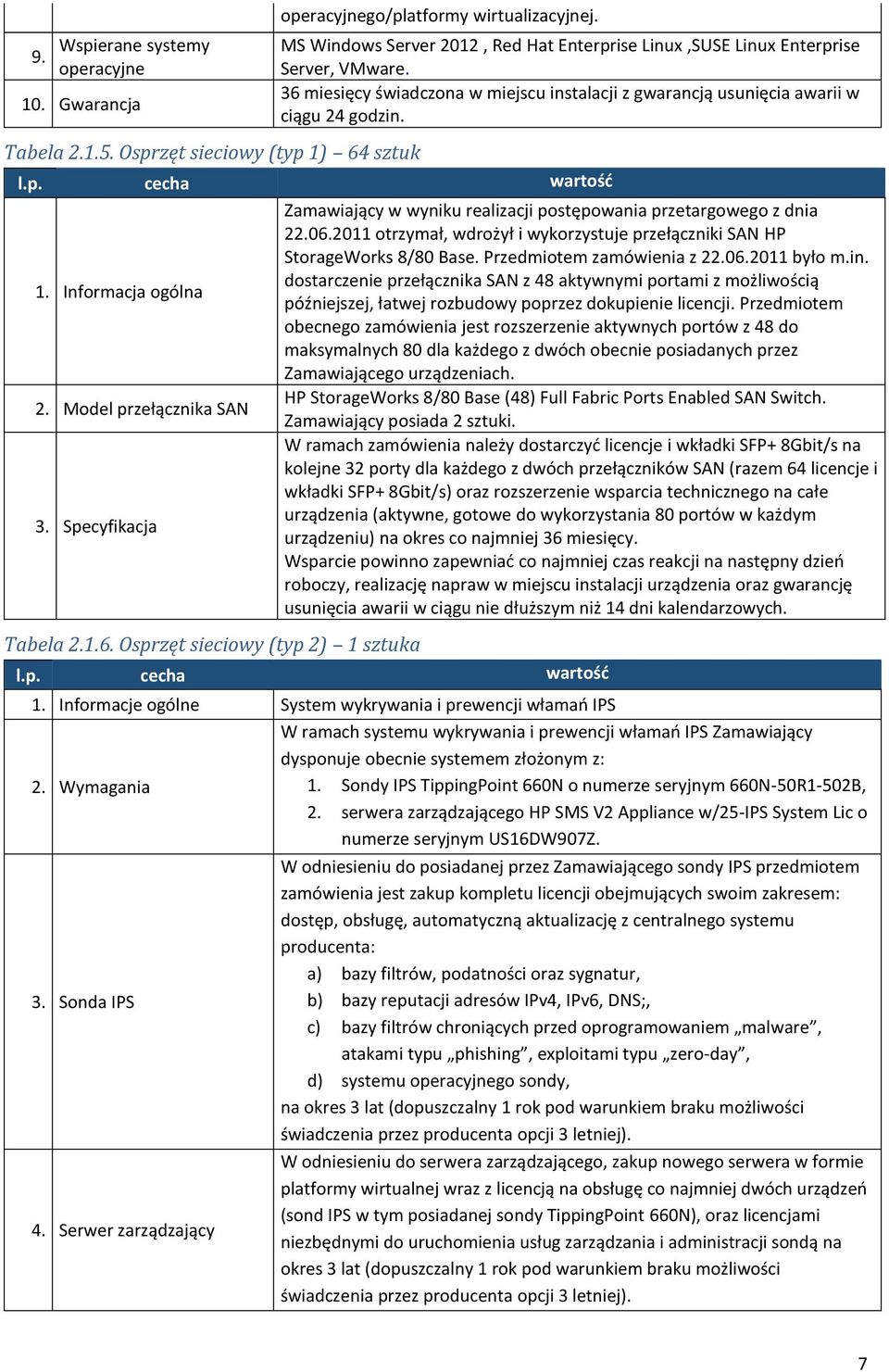 Informacja ogólna 2. Model przełącznika SAN 3. Specyfikacja Tabela 2.1.6. Osprzęt sieciowy (typ 2) 1 sztuka Zamawiający w wyniku realizacji postępowania przetargowego z dnia 22.06.