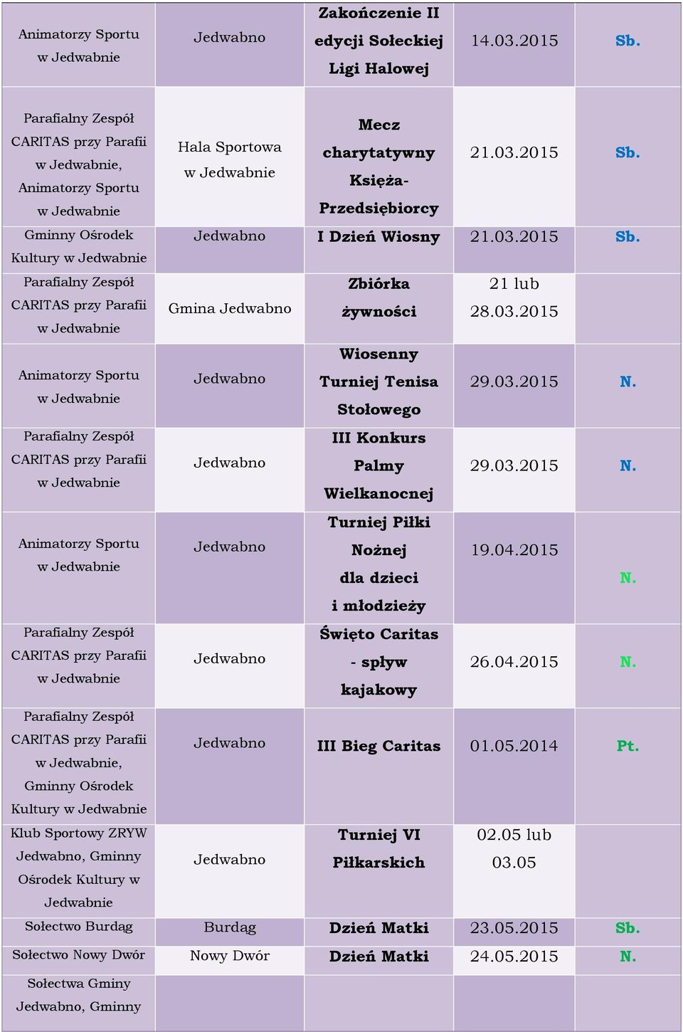 04.2015 dla dzieci N. i młodzieży Święto Caritas - spływ 26.04.2015 N. kajakowy III Bieg Caritas 01.05.2014 Pt. Turniej VI 02.05 lub Piłkarskich 03.