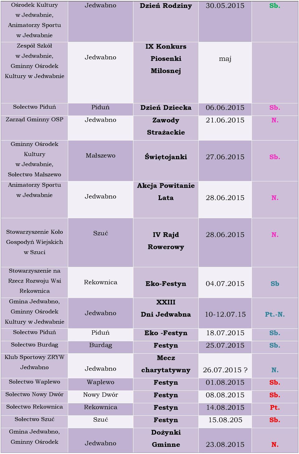 07.2015 Sb Rekownica Gmina, XXIII Dni Jedwabna 10-12.07.15 Pt.-N. Sołectwo Piduń Piduń Eko -Festyn 18.07.2015 Sb. Sołectwo Burdąg Burdąg Festyn 25.07.2015 Sb. Mecz charytatywny 26.07.2015? N.