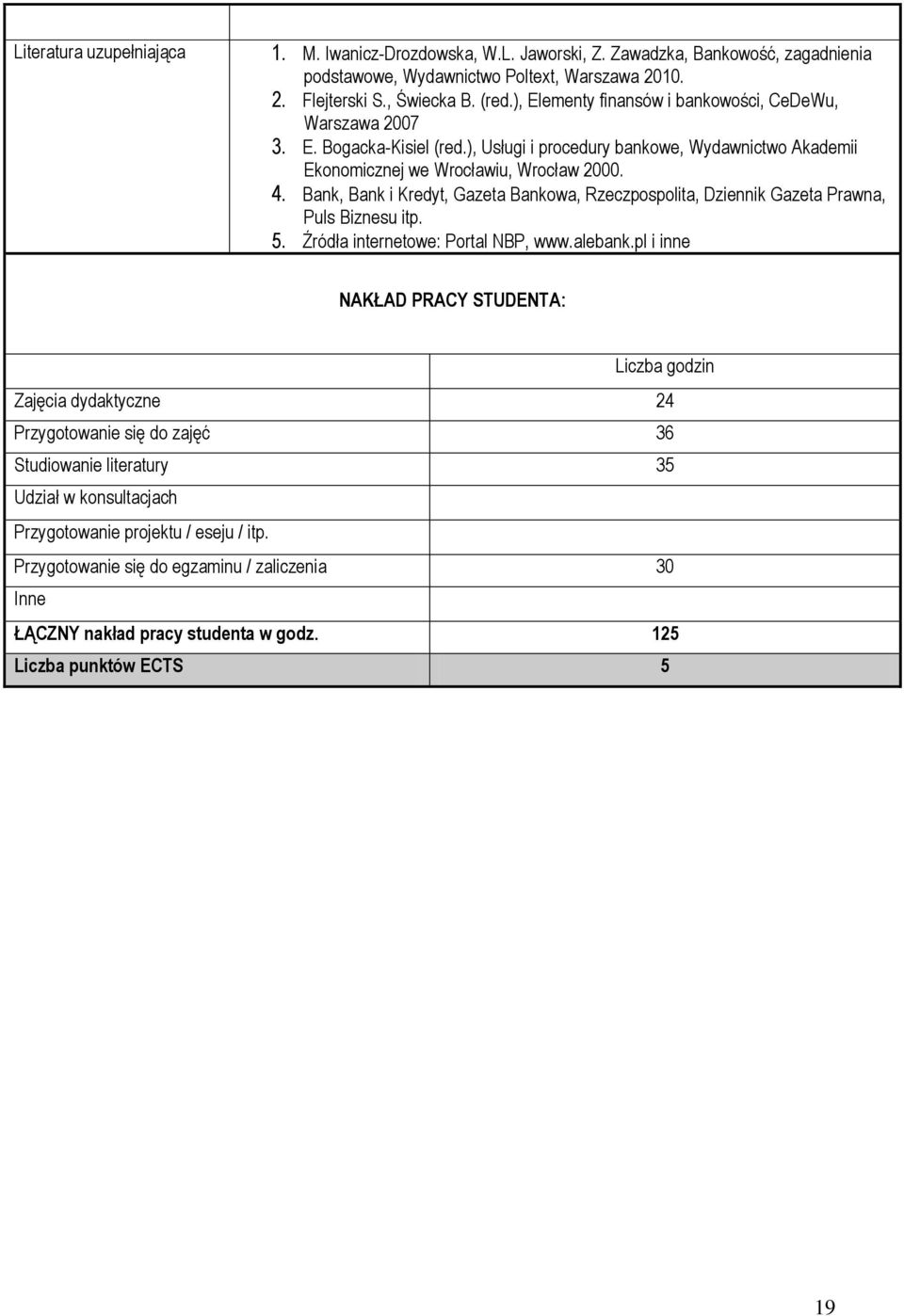 Bank, Bank i Kredyt, Gazeta Bankowa, Rzeczpospolita, Dziennik Gazeta Prawna, Puls Biznesu itp. 5. Źródła internetowe: Portal NBP, www.alebank.