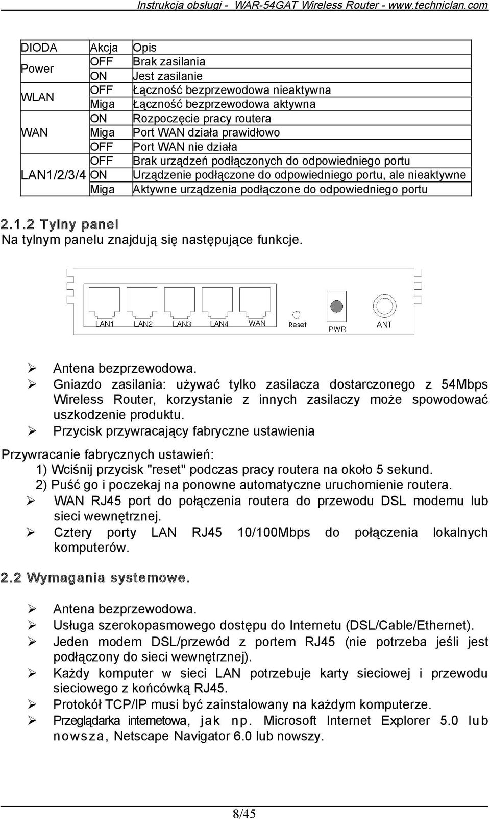 odpowiedniego portu 2.1.2 Tylny panel Na tylnym panelu znajdują się następujące funkcje. Antena bezprzewodowa.