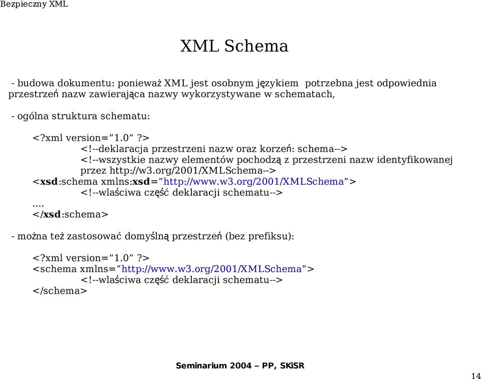--wszystkie nazwy elementów pochodz ą z przestrzeni nazw identyfikowanej przez http://w3.org/2001/xmlschema--> <xsd:schema xmlns:xsd= http://www.w3.org/2001/xmlschema > <!