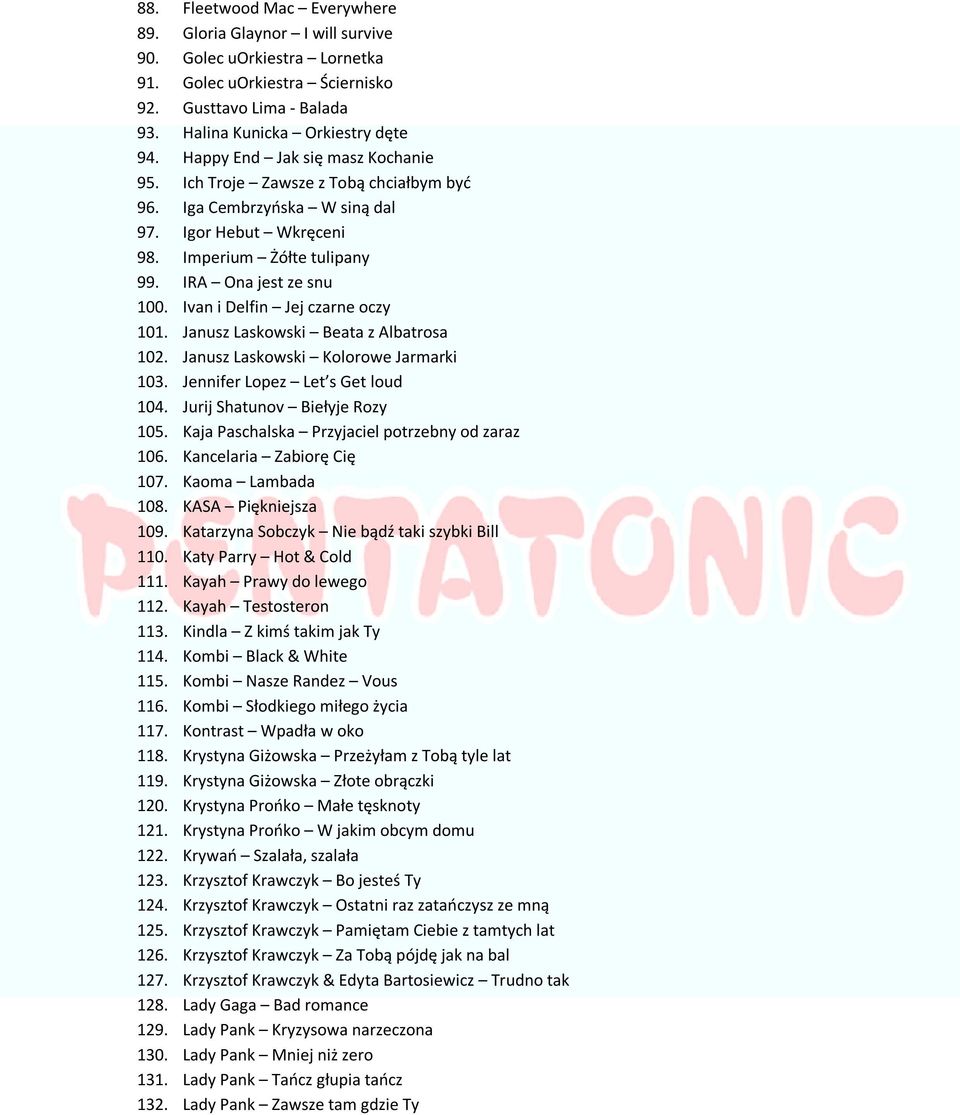 Ivan i Delfin Jej czarne oczy 101. Janusz Laskowski Beata z Albatrosa 102. Janusz Laskowski Kolorowe Jarmarki 103. Jennifer Lopez Let s Get loud 104. Jurij Shatunov Biełyje Rozy 105.