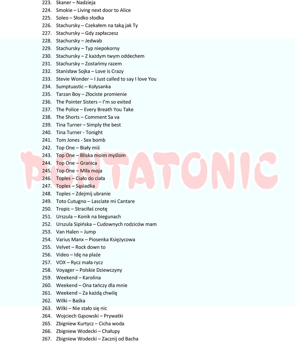 Sumptuastic Kołysanka 235. Tarzan Boy Złociste promienie 236. The Pointer Sisters I m so exited 237. The Police Every Breath You Take 238. The Shorts Comment Sa va 239.