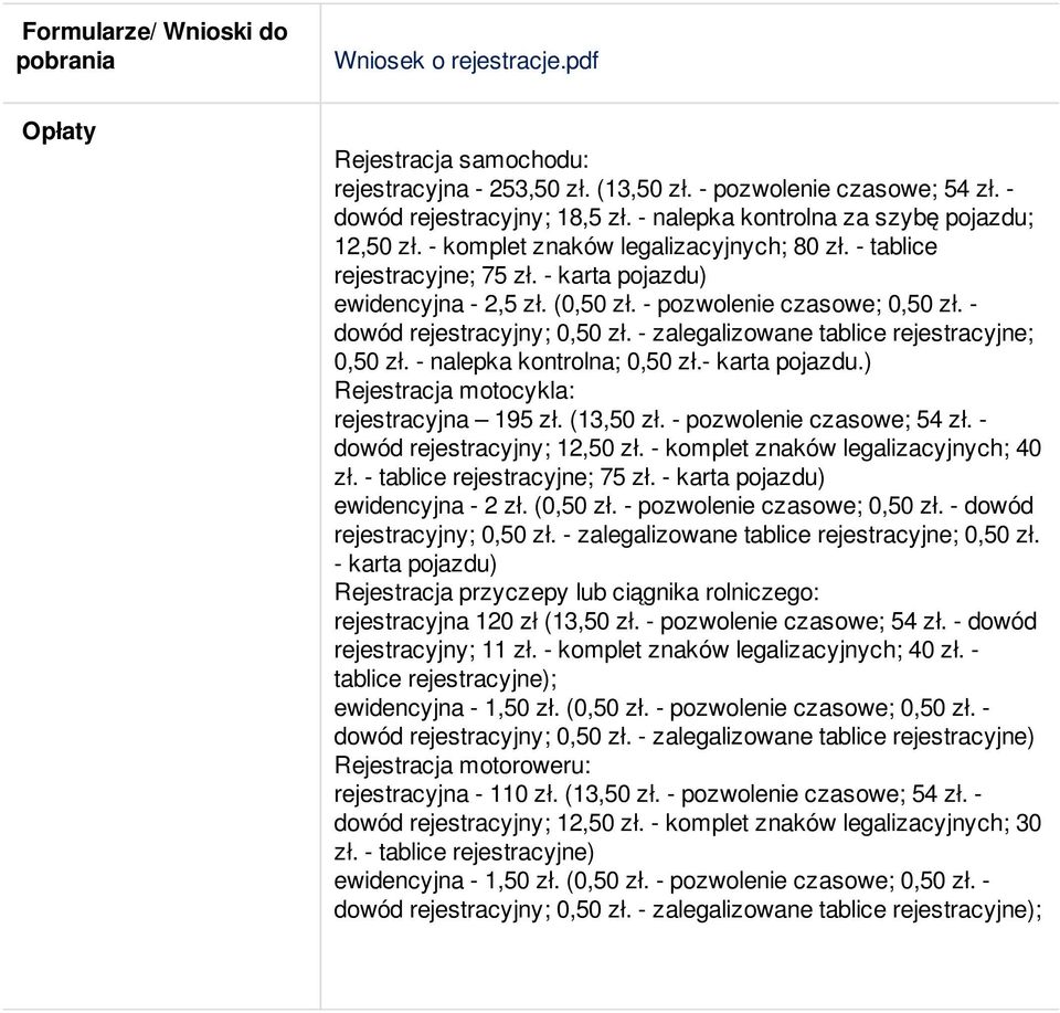 - dowód rejestracyjny; 0,50 zł. - zalegalizowane tablice rejestracyjne; 0,50 zł. - nalepka kontrolna; 0,50 zł.- karta pojazdu.) Rejestracja motocykla: rejestracyjna 195 zł. (13,50 zł.