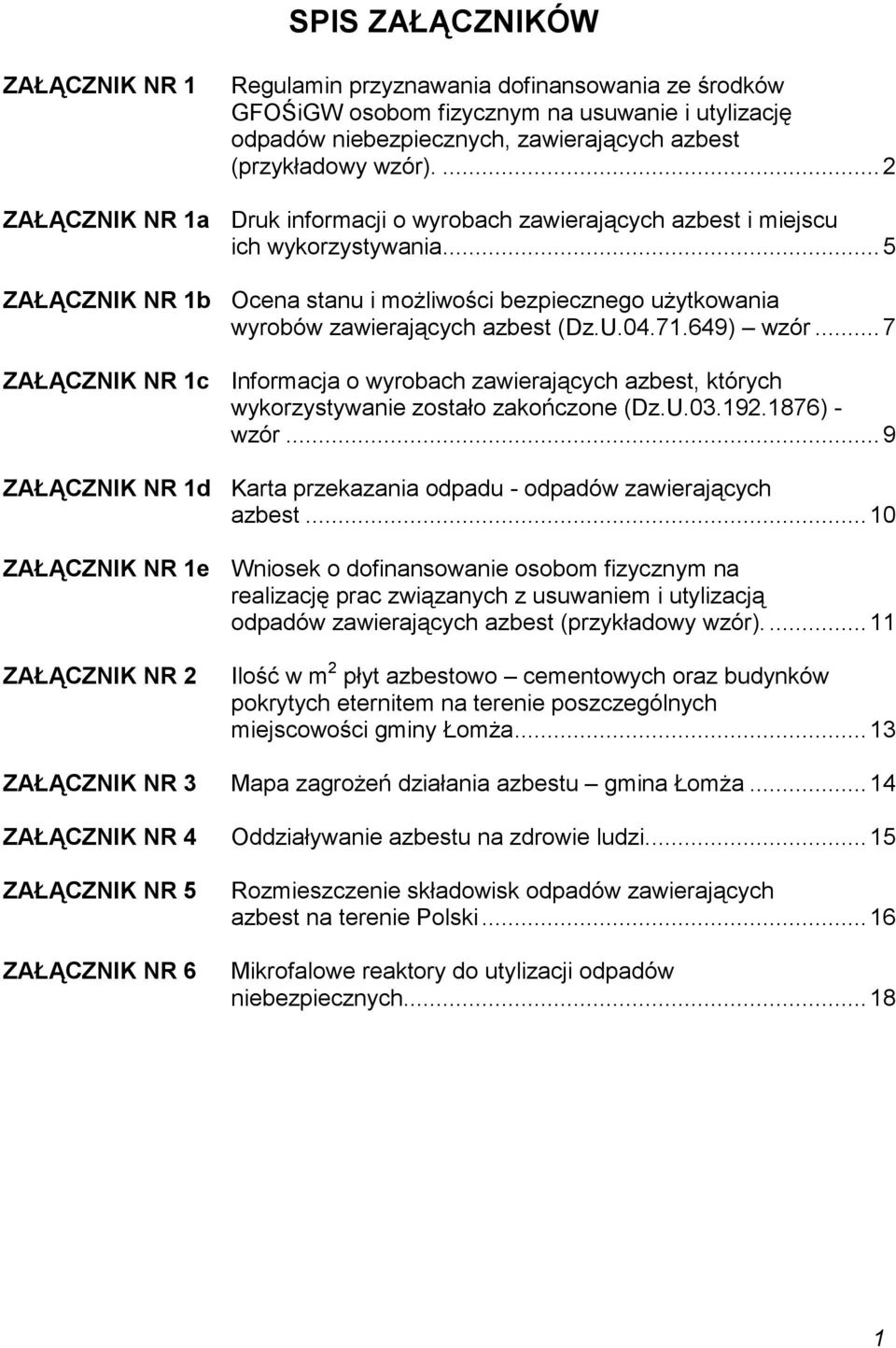 U.04.71.649) wzór...7 ZAŁĄCZNIK NR 1c Informacja o wyrobach zawierających azbest, których wykorzystywanie zostało zakończone (Dz.U.03.192.1876) - wzór.