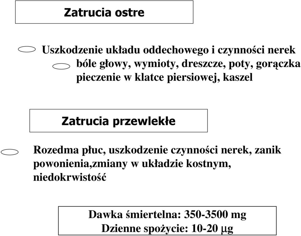 przewlekłe Rozedma płuc, uszkodzenie czynności nerek, zanik powonienia,zmiany w