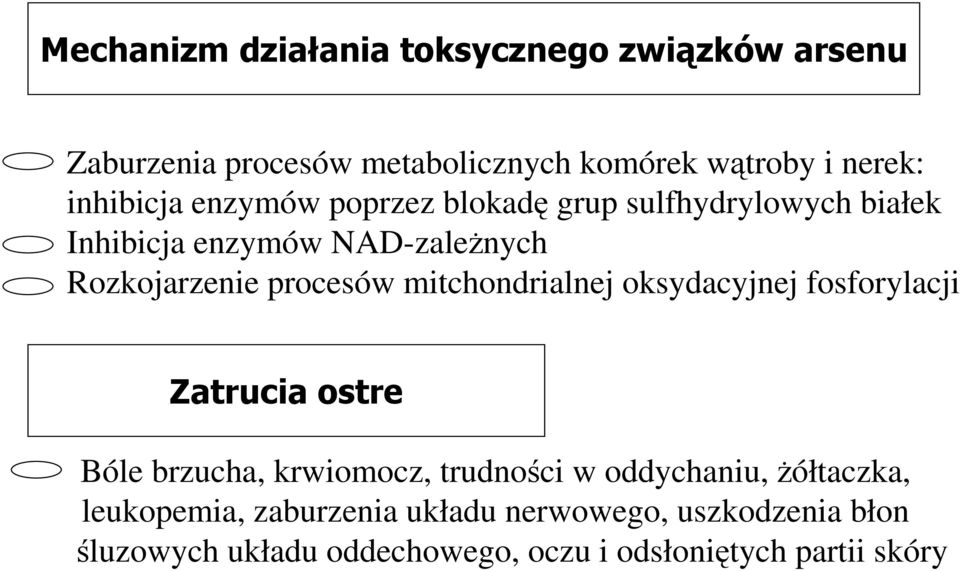 procesów mitchondrialnej oksydacyjnej fosforylacji Zatrucia ostre Bóle brzucha, krwiomocz, trudności w oddychaniu,