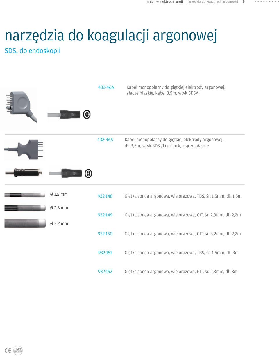 3 mm Ø 3.2 mm 932-148 932-149 932-150 Giętka sonda argonowa, wielorazowa, TBS, śr. 1,5mm, dł. 1,5m Giętka sonda argonowa, wielorazowa, GIT, śr. 2,3mm, dł.