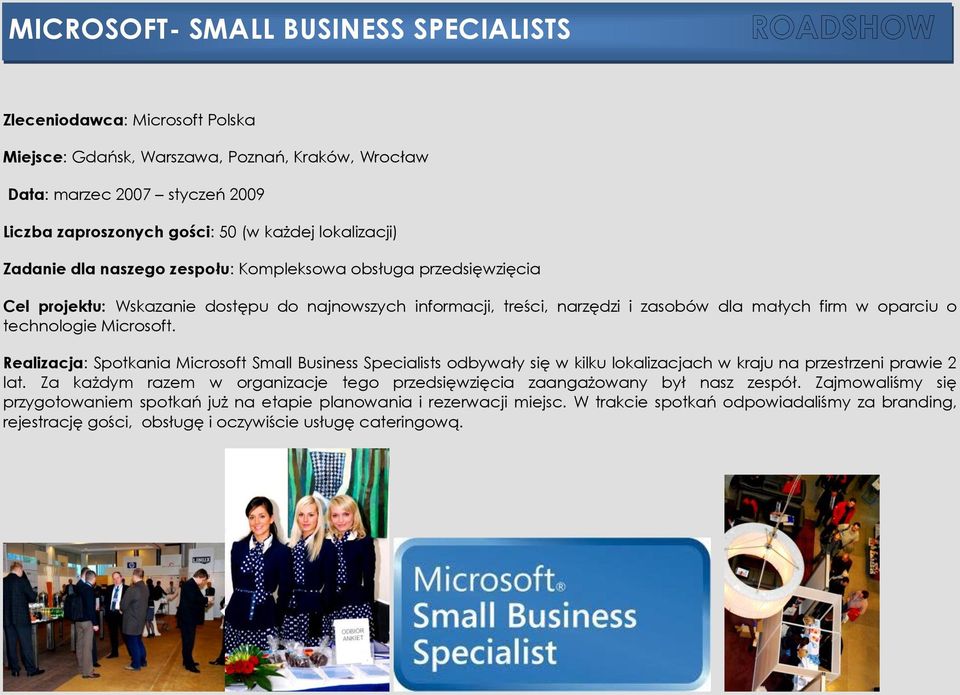 technologie Microsoft. Realizacja: Spotkania Microsoft Small Business Specialists odbywały się w kilku lokalizacjach w kraju na przestrzeni prawie 2 lat.