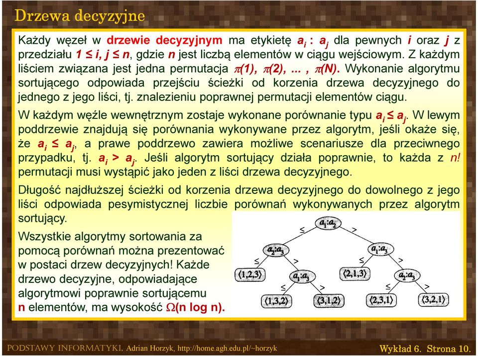 znalezieniu poprawnej permutacji elementów ciągu. W każdym węźle wewnętrznym zostaje wykonane porównanie typua i a j.