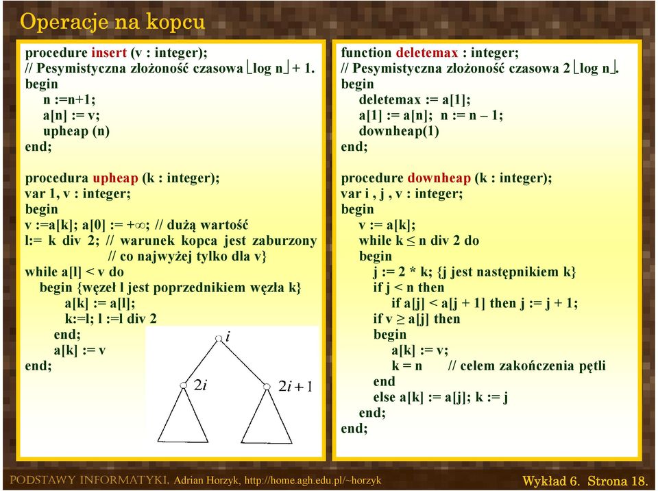 a[l] < v do {węzeł l jest poprzednikiem węzła k} a[k] := a[l]; k:=l; l :=l div 2 a[k] := v function deletemax : integer; // Pesymistyczna złożoność czasowa 2 log n.