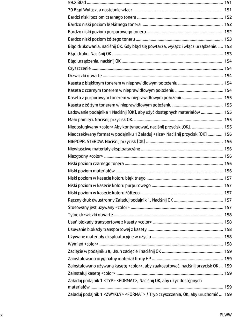 .. 154 Czyszczenie... 154 Drzwiczki otwarte... 154 Kaseta z błękitnym tonerem w nieprawidłowym położeniu... 154 Kaseta z czarnym tonerem w nieprawidłowym położeniu.