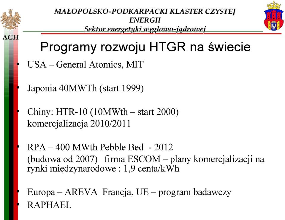 start 2000) komercjalizacja 2010/2011 RPA 400 MWth Pebble Bed - 2012 (budowa od 2007) firma ESCOM