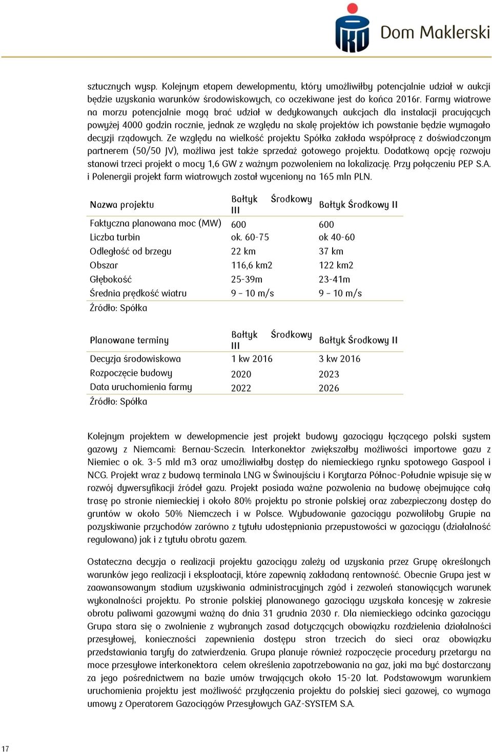 wymagało decyzji rządowych. Ze względu na wielkość projektu Spółka zakłada współpracę z doświadczonym partnerem (50/50 JV), możliwa jest także sprzedaż gotowego projektu.